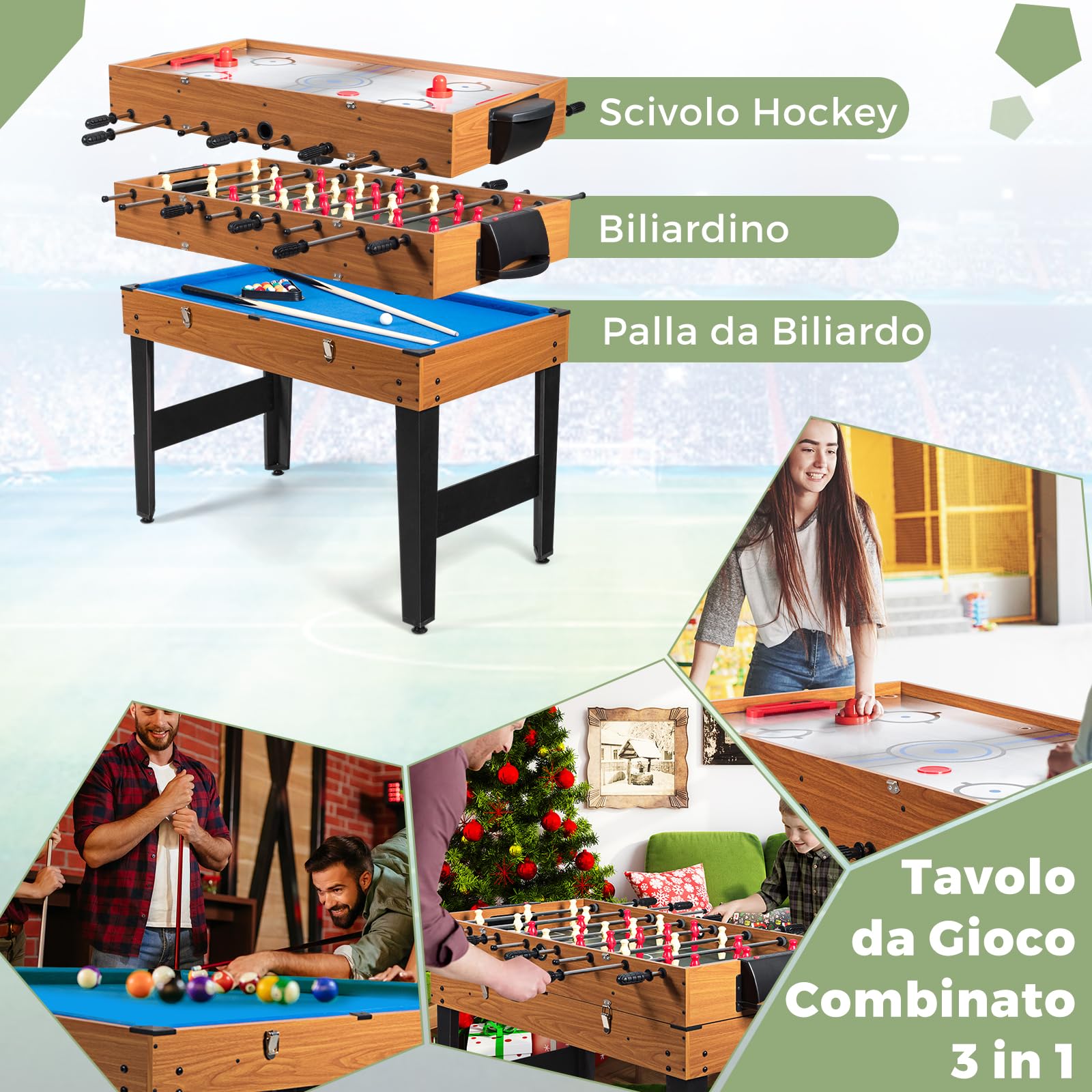 COSTWAY 3 in 1 Tavolo da Gioco Multifunzionale, Tavolo da Biliardino con Calcetto Biliardo Hockey Scorrevole, Maniglia in Gomma, Struttura Stabile, per Casa Sala Giochi, 122x58x83 cm