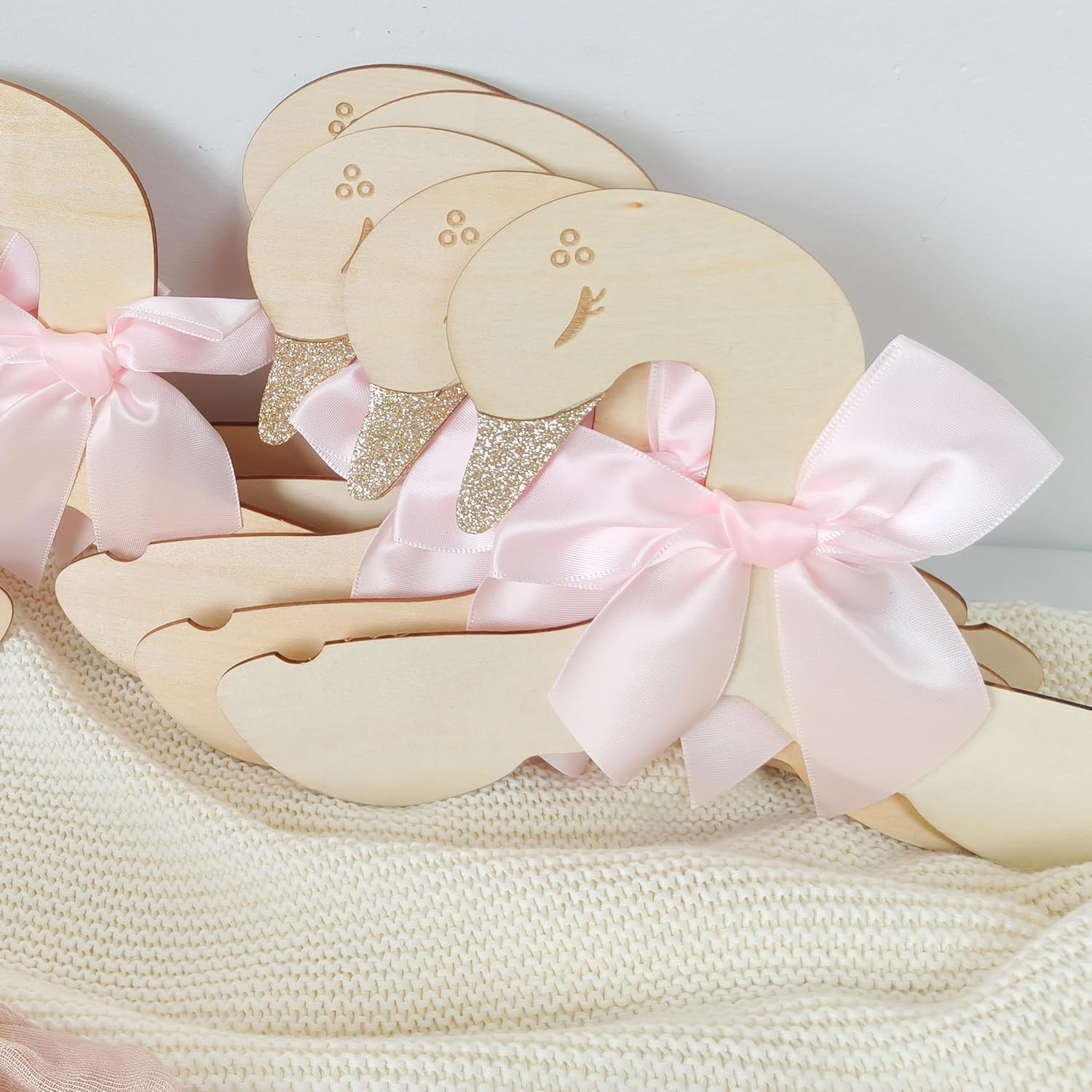 Wooden Swan Hangers with Pink Satin Bows, Gold Glitter Accents, 10 Pieces, Nursery Decor for Baby Shower，Suit Hangers- Girls Bedroom Closet Decorations,Kids Hanger with Bow,Baby Clothes Storage