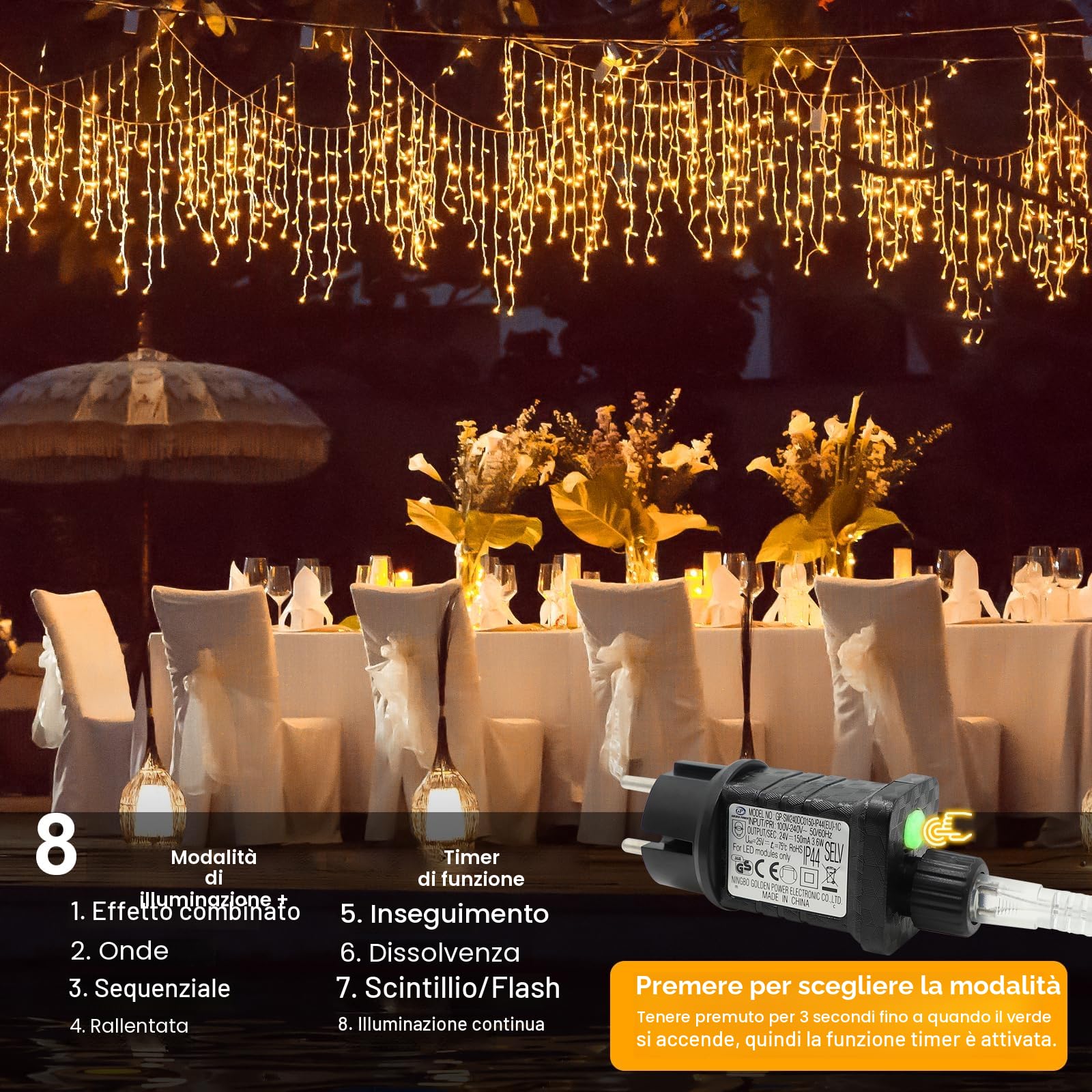 AGOTD - Catena luminosa effetto ghiaccio per esterni elettrica, tenda luminosa 400 LED, illuminazione natalizia per esterni, con timer, 8 modalità, funzione memoria per Natale, camera da letto, feste