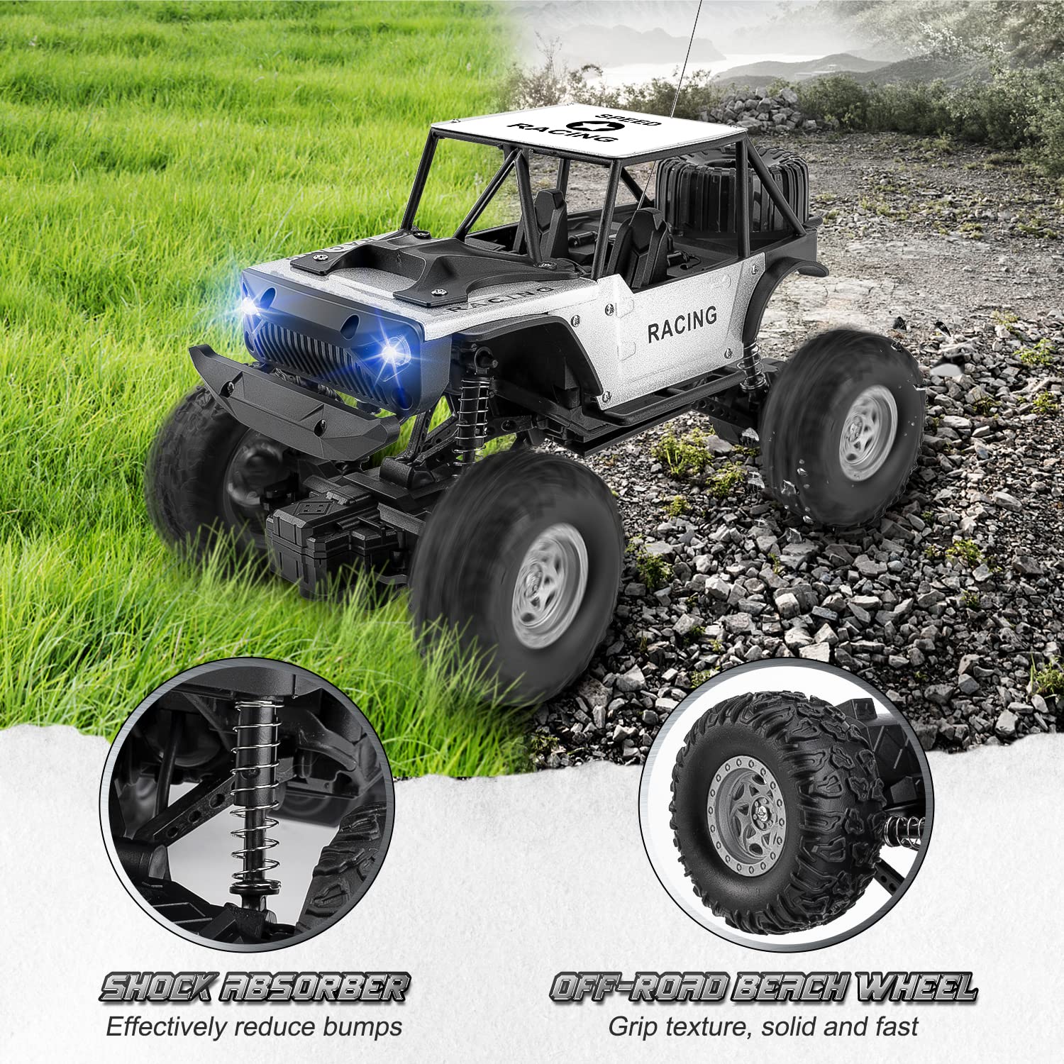 VANKICO RC Car, 2.4GHZ Speed 15Km / h Remote Control Car, 1:16 Scale RC Truck, Monster Truck with Headlights and Two Rechargeable Batteries - Suitable for Children Adults - Silver