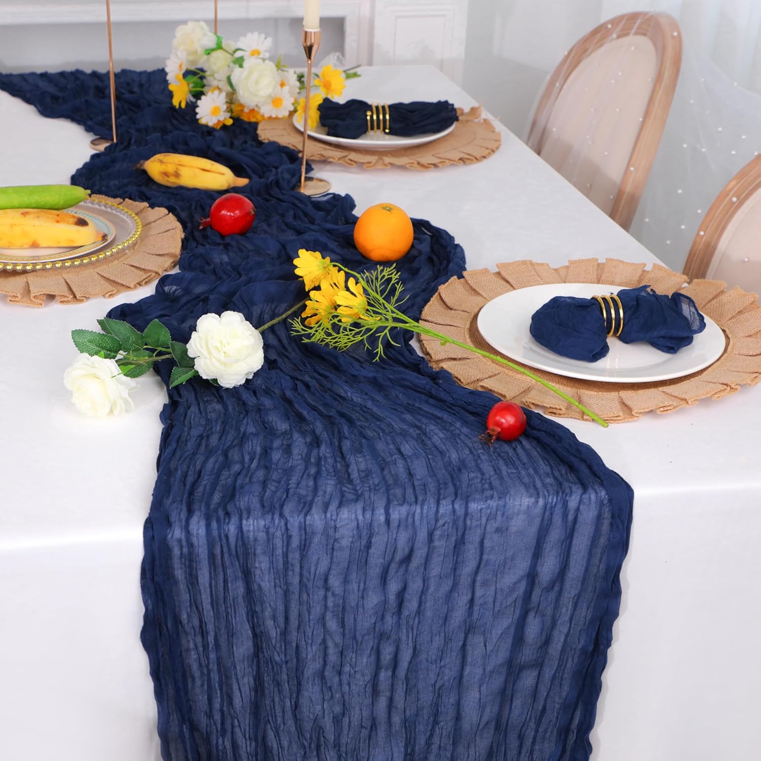 Snowkingdom 6PCS 10Ft Navy Blue Cheesecloth Table Runner, 120inch Long Cheese Cloth Boho Gauze Runner for Wedding Bridal Baby Shower Birthday Holiday Party Sheer Table Decorations