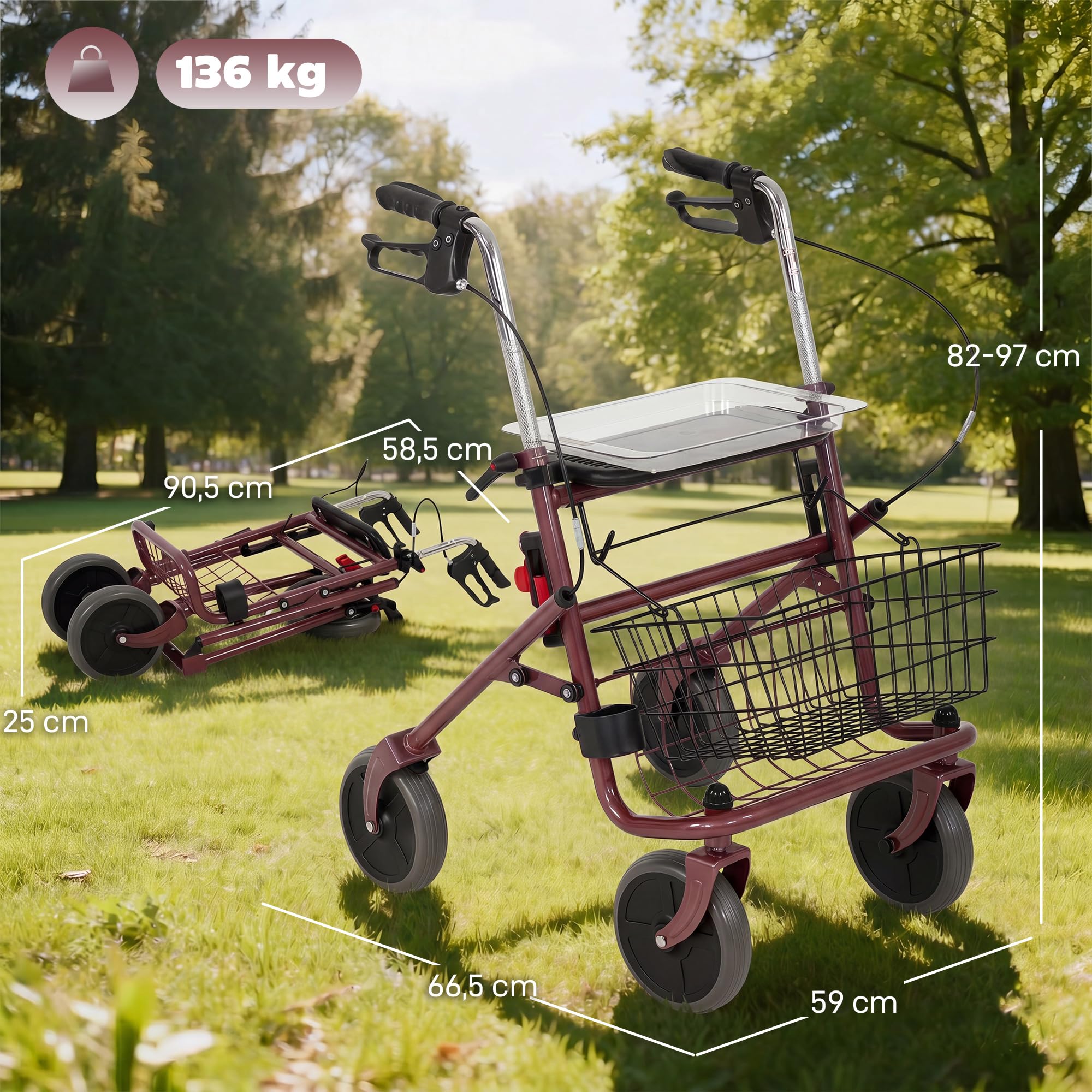 HOMCOM Andador para Ancianos Plegable con Asiento y 4 Ruedas Rojo Vino | Andadores Adultos para Personas Mayores, Altura Ajustable, Frenos de Maneta, Cesta, Bandeja, Porta Bastón