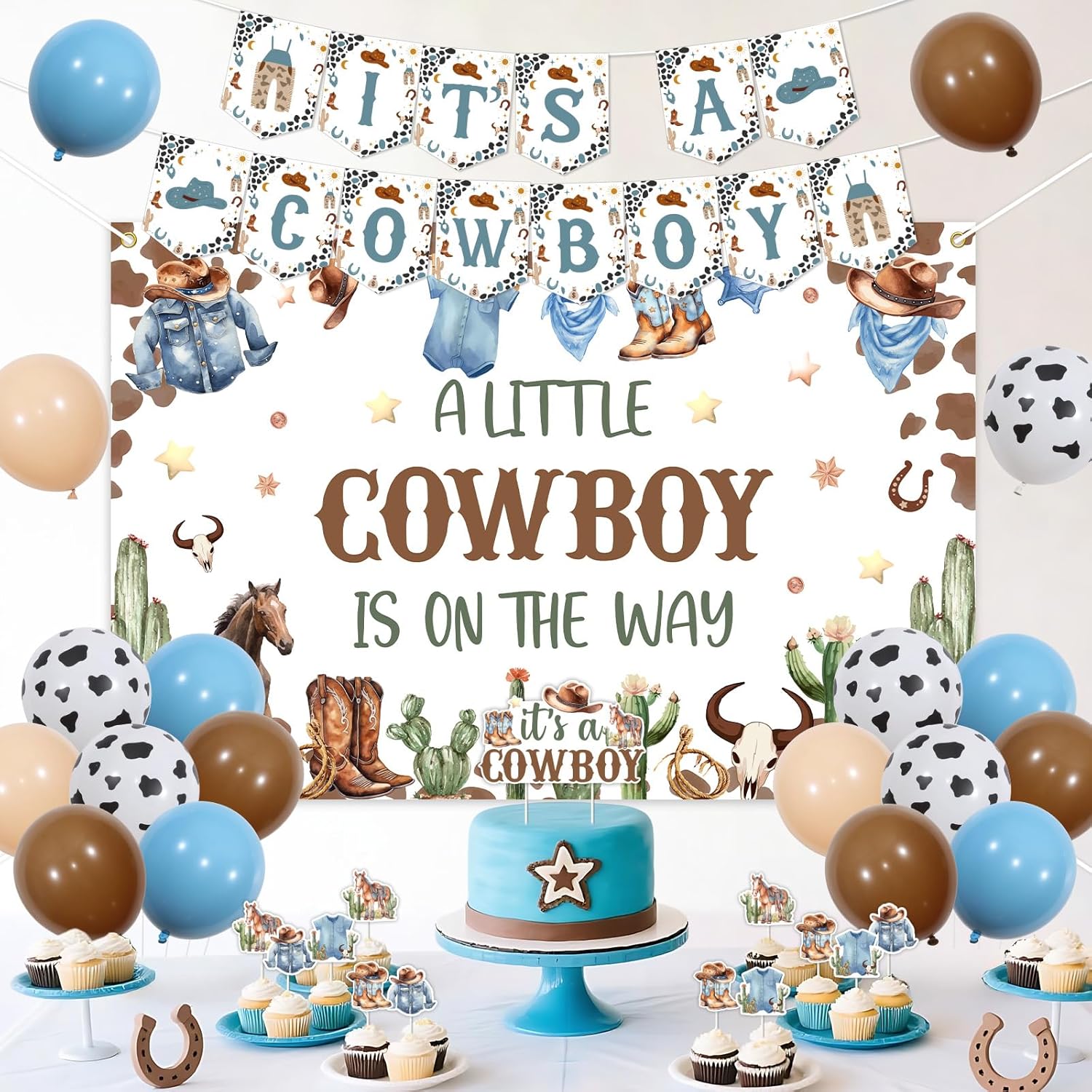 Funmemoir Cowboy Baby Shower Decorations for Boy - It's a Cowboy Banner, Cake Cupcake Toppers, A Little Cowboy Is on the Way Backdrop for Western Wild West Baby Shower Decorations