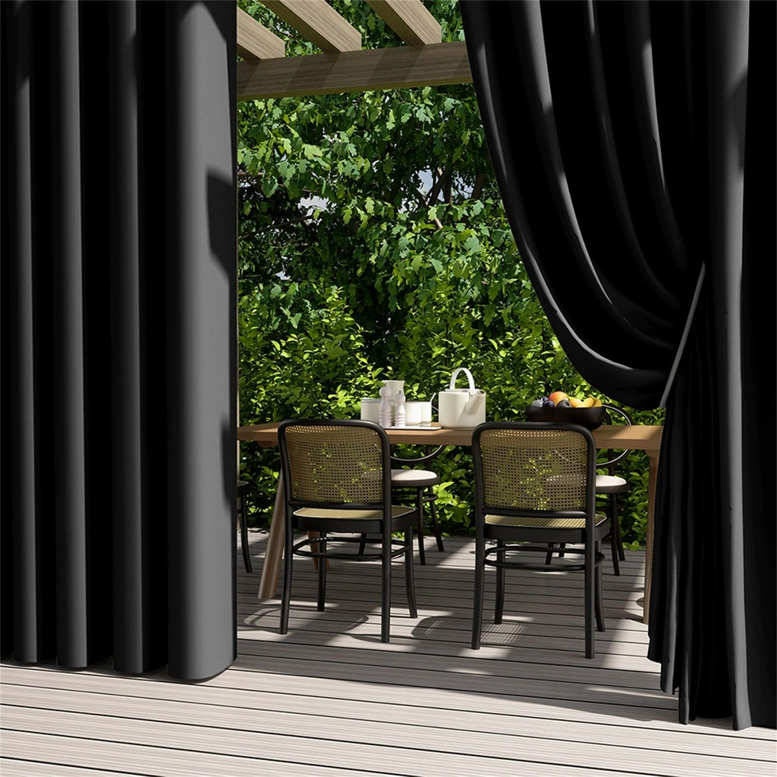 Hiseng Outdoor Curtains Waterproof Garden, 2 Panels Blackout Pergola Curtain Eyelet Top, Thick Privacy Thermal Insulated for Gazebo Patio Porch (Black,132x182cm)