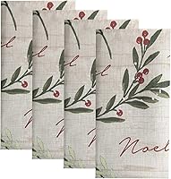 Elrene Home Fashions Holiday Tree Trimmings Christmas Napkins, Set of 4, 17x17 Inch Polyester Fabric with Holly, Pine & Noel Print