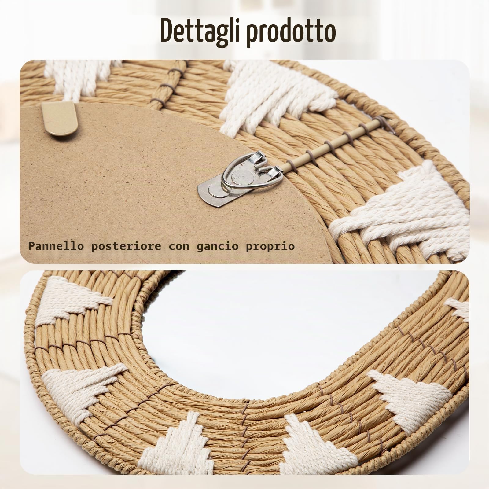 Oairse Specchio da parete ovale in rattan, specchio da parete rustico in legno intrecciato a mano, specchio bohémien da appendere alla parete, decorazione per casa, bagno, soggiorno, ingresso, camera