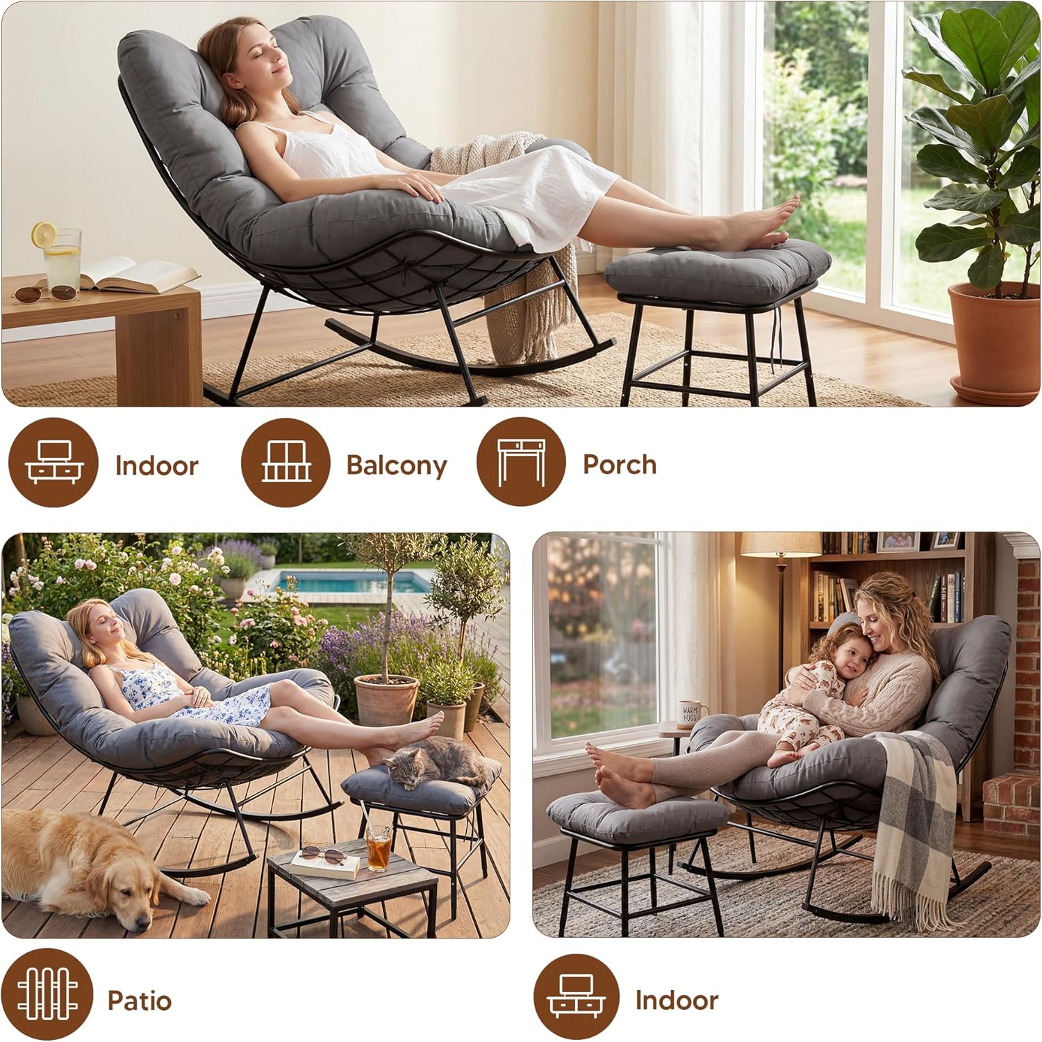 Outdoor Rocking Chair with Ottoman - Patio Papasan Rocking Chair with Adjustable Footrest, Double Padded Cushions, 450Lbs Capacity, 1-Person Loveseat for Indoor & Outdoor Use (2, Gray)