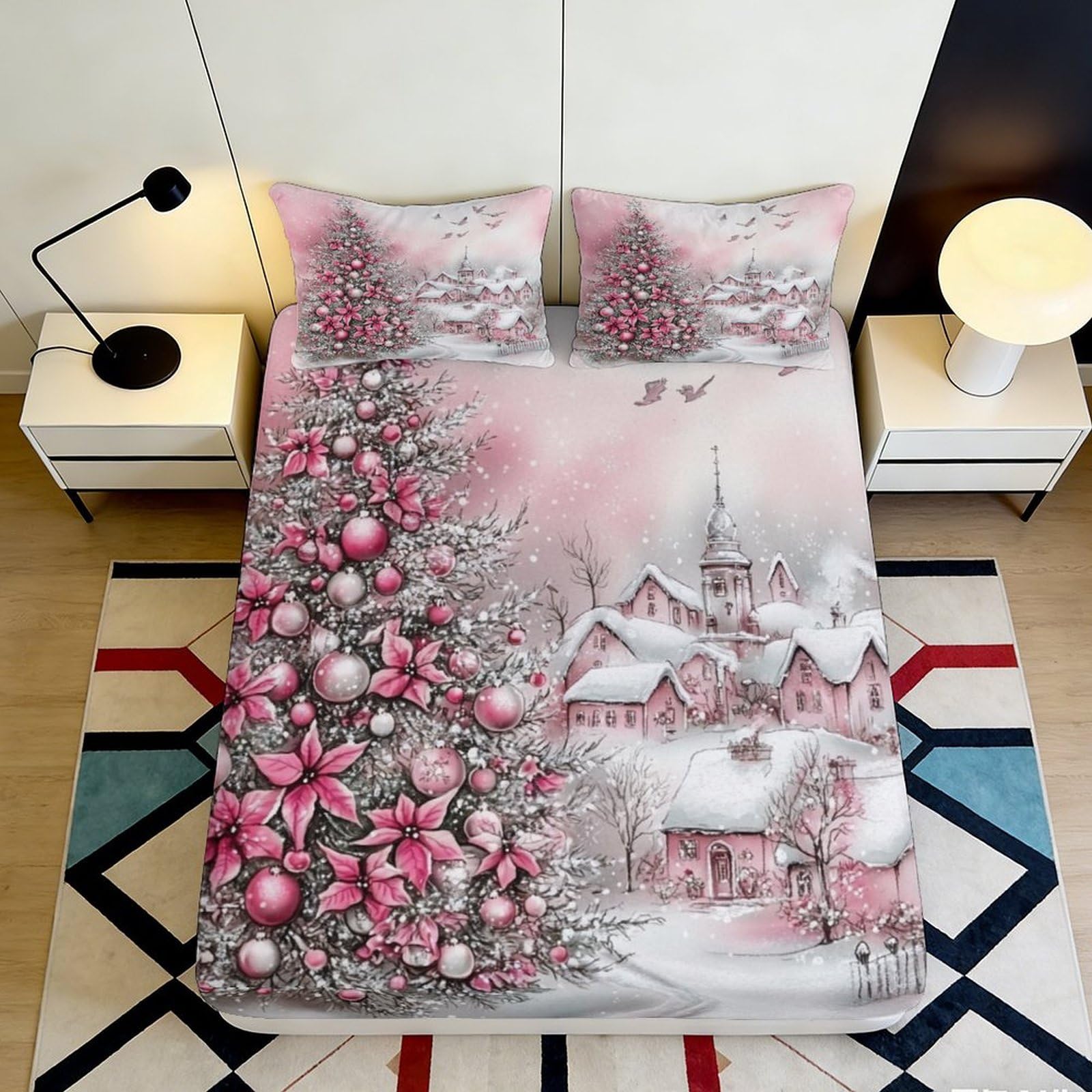 3D Printed Pink Christmas Tree Fitted Sheet Microfiber Soft Breathable Snow Village Bed Cover for Bedroom Dormitory Guest Room Mattress Protection 200x200x25cm