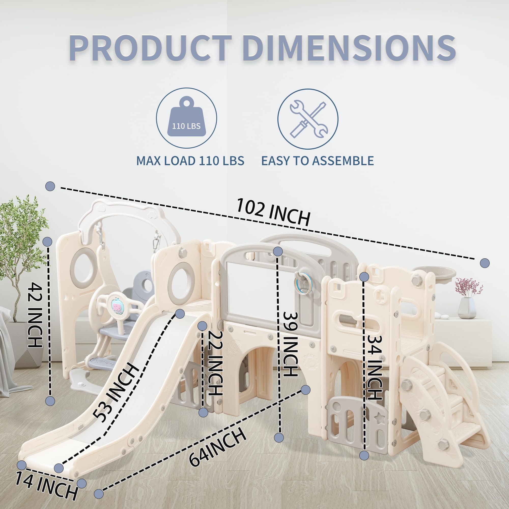 Toddler Swing and Slide Set for Kids, 12 in 1 Indoor Playground for Toddlers Age 1-3, Kids Slide and Swing Set with Basketball Hoop, Tunnel, Outdoor Playset Backyard with Non-Slip Steps (White Set)