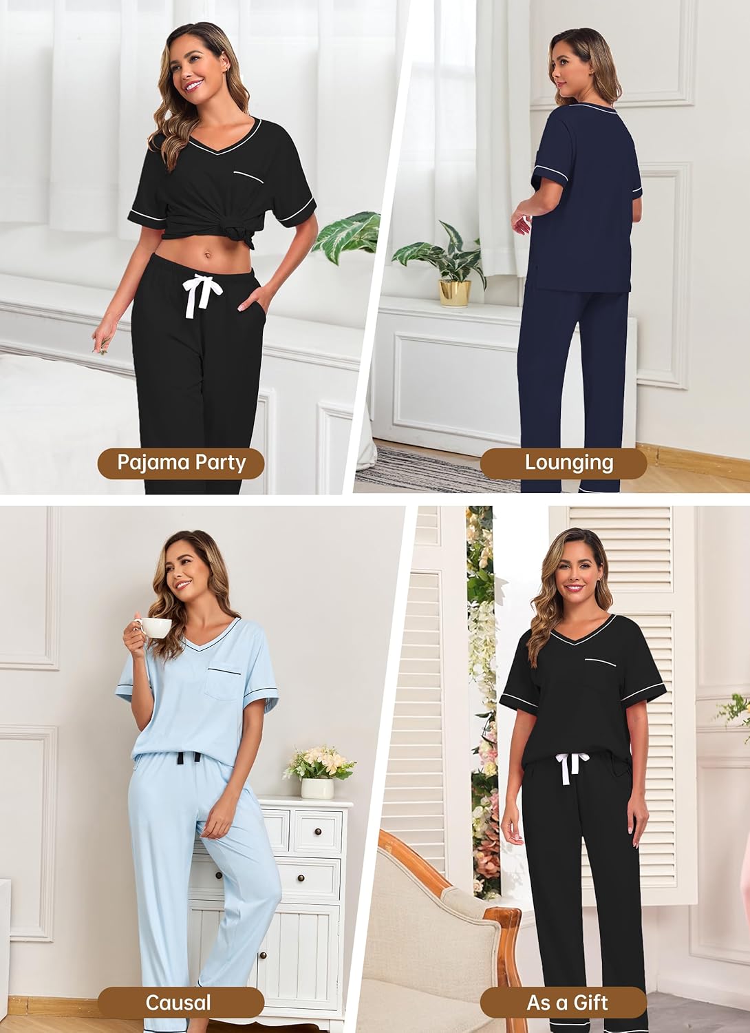 EA'S SECRET 100% Cotton Pajamas for Women Set V Neck Loungewear Pajama Pants Womens Lounge Sets Pjs Sleepwear with Pockets - Image 5