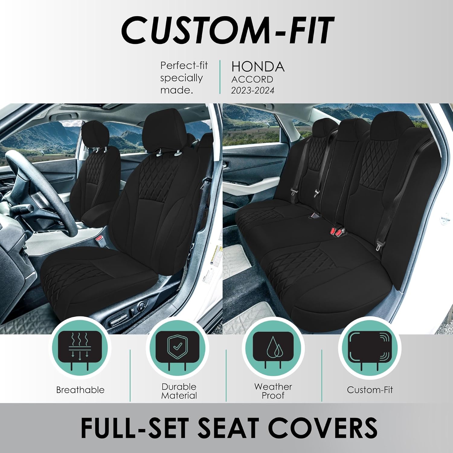 FH Group Custom Fit Car Seat Covers Specifically Made for Honda Accord 2023-2025 - Full Set Seat Covers - Ultraflex Neoprene - Rear Fixed Headrests, Split Backrest - Black
