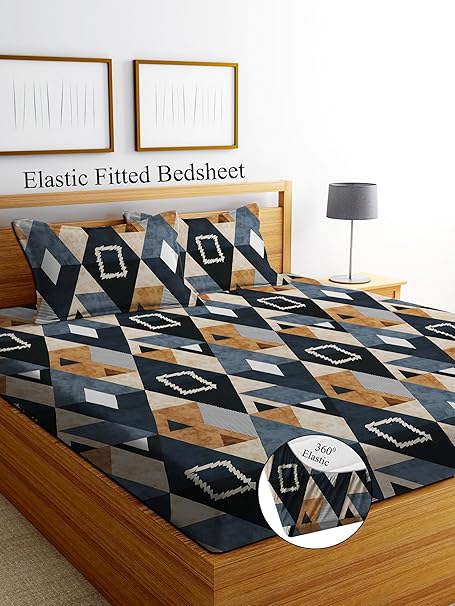 DECORUM Glace Cotton Fitted 1 Bedsheet King Size (72"x78") | All Around Elastic | Cotton Feel | 2 Pillow Covers (17"x27") | Fits Up to 8" Mattress | 200-220 TC | Printed Double Bed Sheet Set