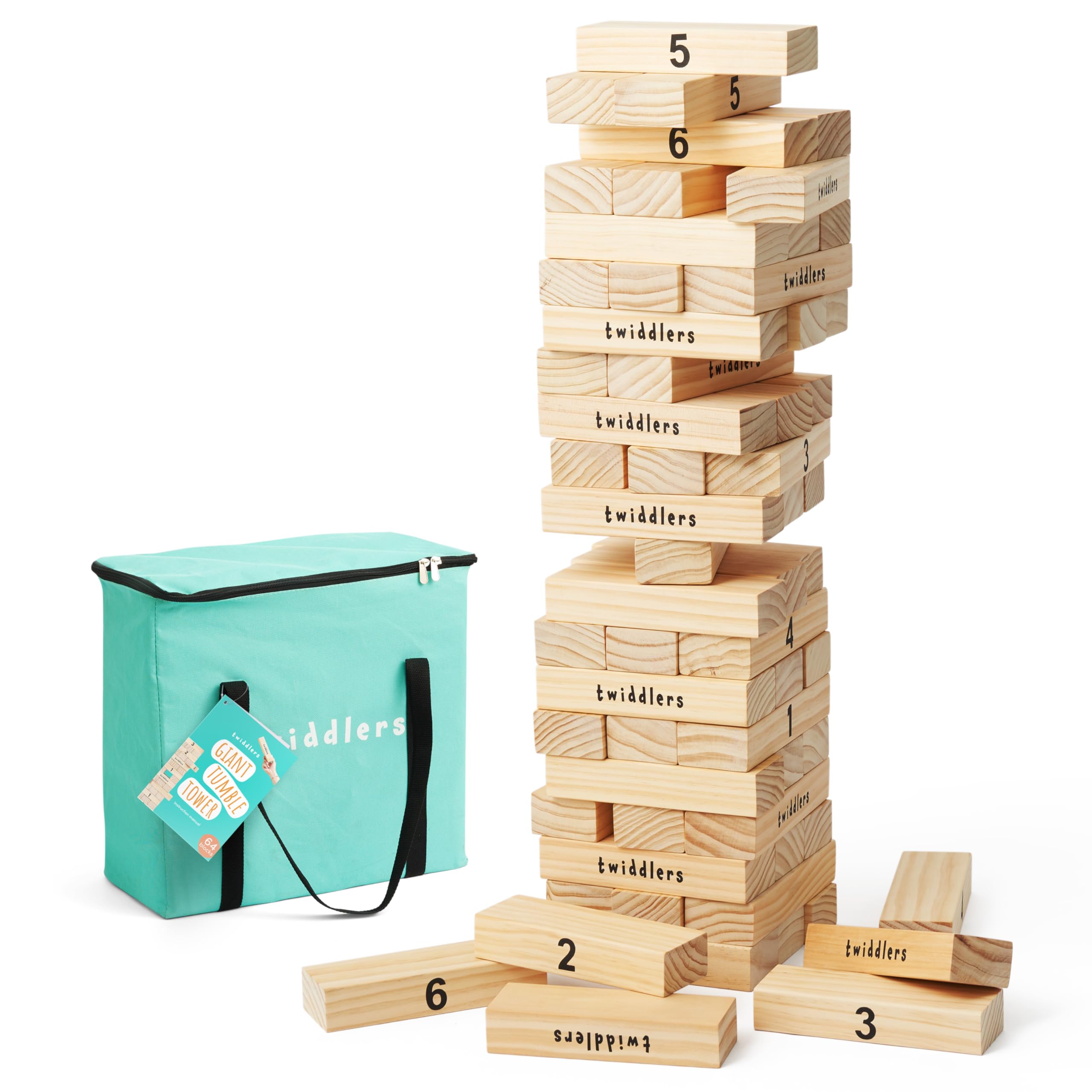 THE TWIDDLERS - Grand Jeu de pelouse, 64 Blocs en Bois de qualité supérieure, empilables jusqu'à 1,2 m de Haut - Jouets de Construction pour Enfants et Adultes, Mallette de Transport Incluse