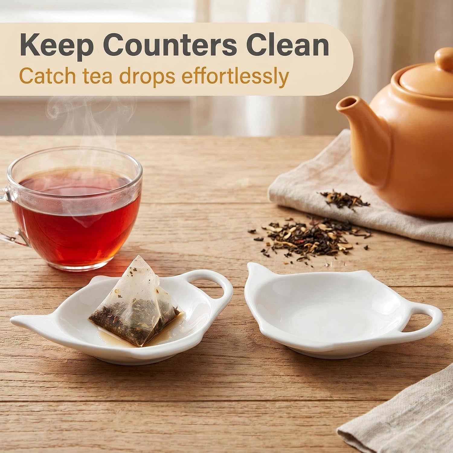 2 Pcs Ceramic Tea Bag Holder Set, Teapot Shaped, White