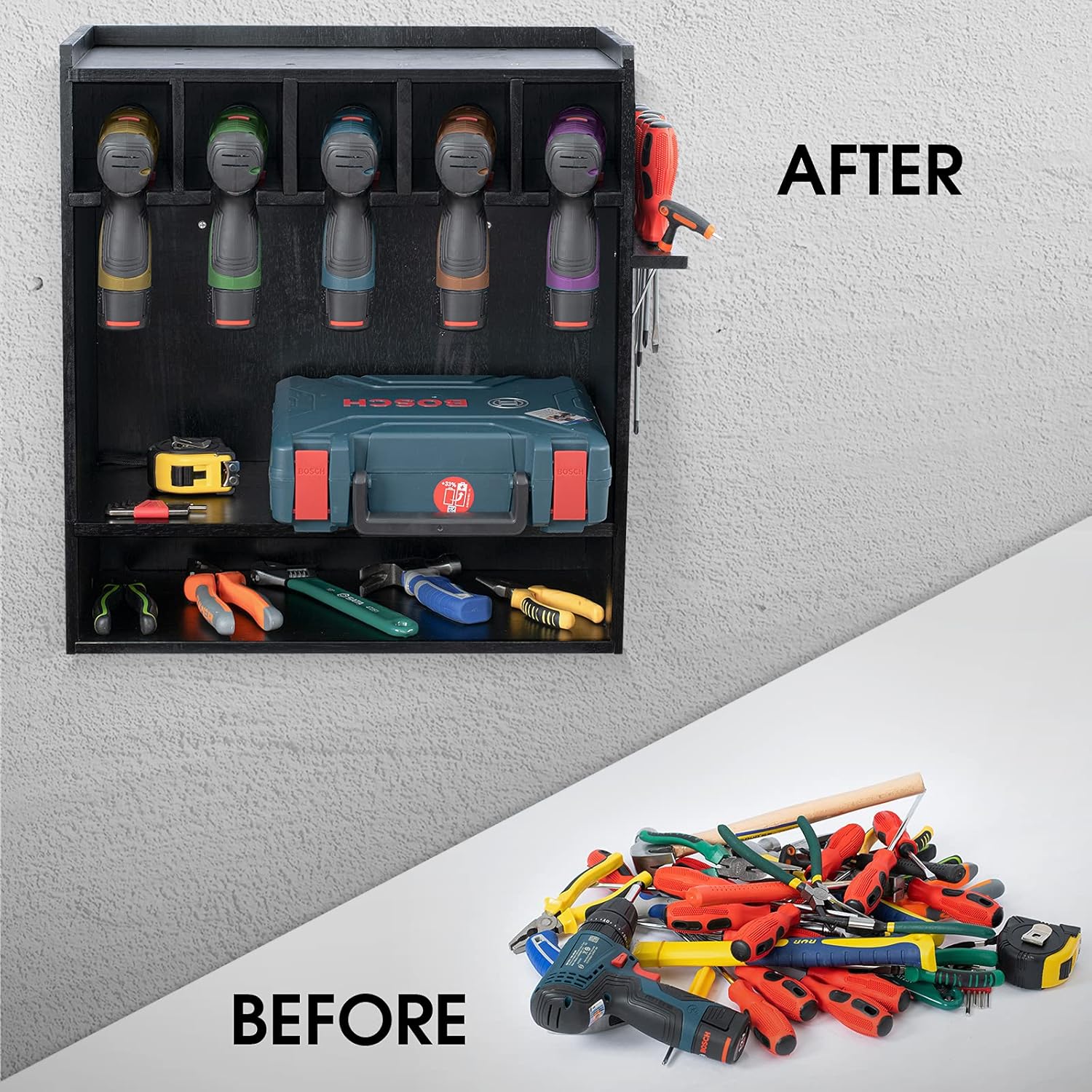 T-SIGN Large Power Tool Storage Organizer, Drill Charging Station, Wood Hanging Drill Storage Rack with 5 Drill Holder, Wall Mount Screwdriver Rack Organization for Workshop, Workbench, Black : Tools & Home Improvement