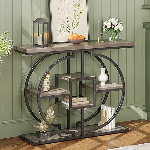 Miniatura 9 de GiftGo Mesa Consola Estrecha para Entrada Mesa de Sofá Industrial de 4 Niveles Detrás del Sofá con Base Circular Mesas de Acento de Madera Rústica