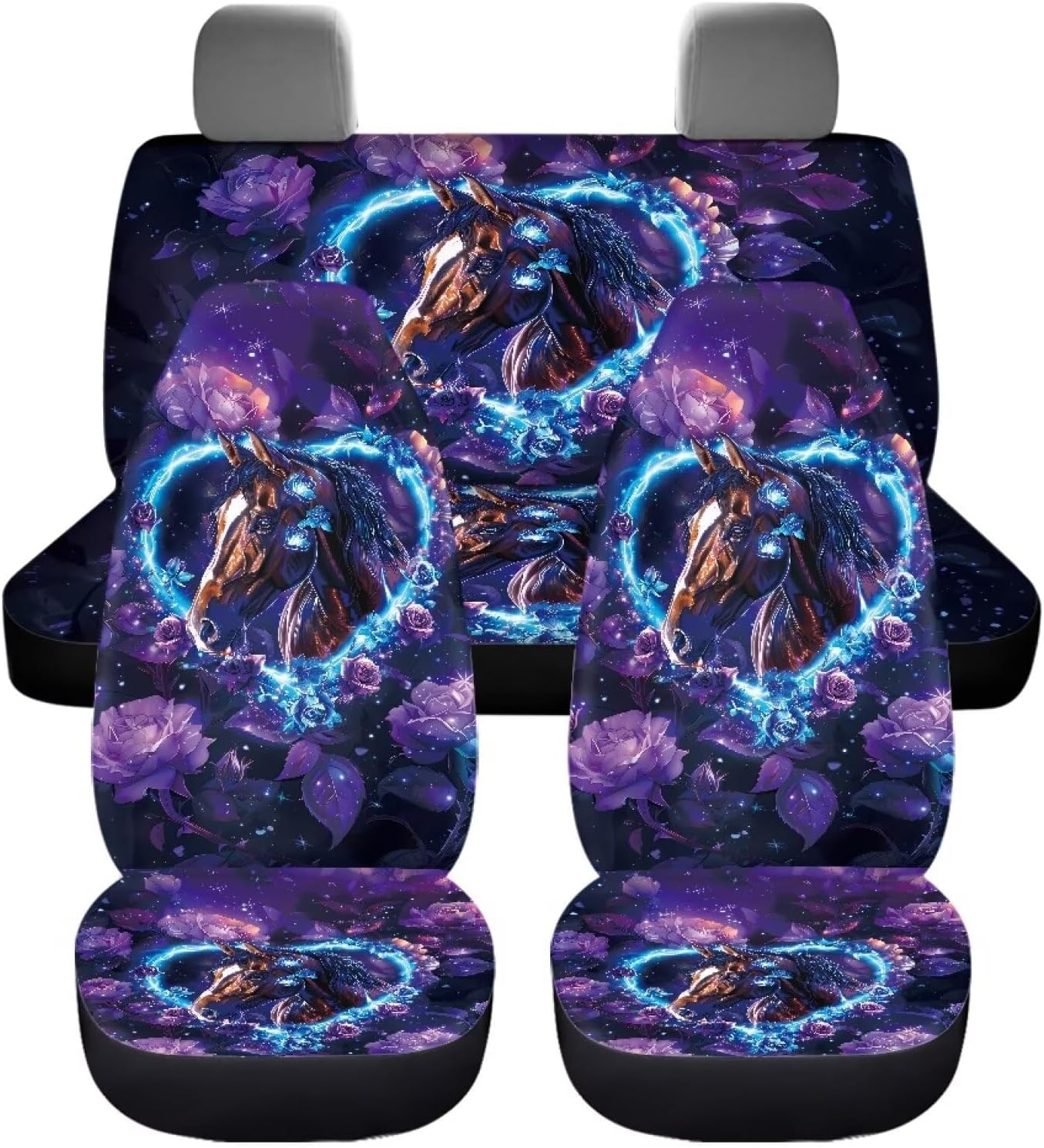Bulopur Horse Flower Car Seat Covers 4 Pcs, Front Seats and Rear Bench Cover Cushion Auto Seat Cover Protector Automotive Interior Protection Fits Most Cars, SUVs, and Trucks