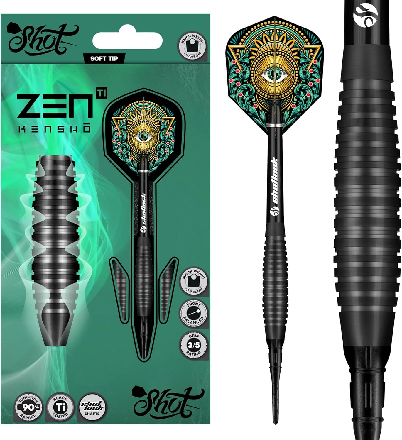 Shot! Darts Steel Tip, Zen Kensho 90% Tungsten, Center Balanced Onyx Black Titanium Draped, Bomber Shape Handcrafted Professional Dart Set and Flights, Metal Tip Bar Darts