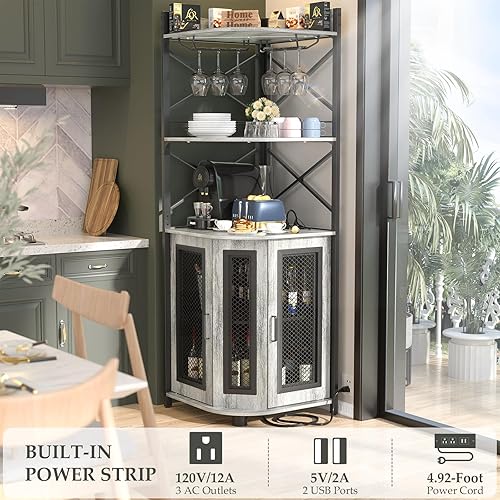 Miniatura 5 de Aheaplus Corner Bar Cabinet with Power Outlet, Industrial Wine Cabinet with LED Strip and Glass Holder, 5-Tiers Liquor Cabinet Bar Unit for Home,