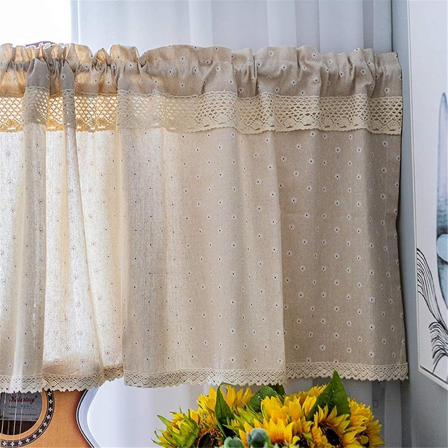 Short Curtains, Blackout Curtains, Curtain Kitchen Curtain Linen Short Sheer Curtains Flower Lace Half for Bathroom Door Decor Room Divider Short Curtains 1 Panels,140x80cm Home Kitchen Decor Short C