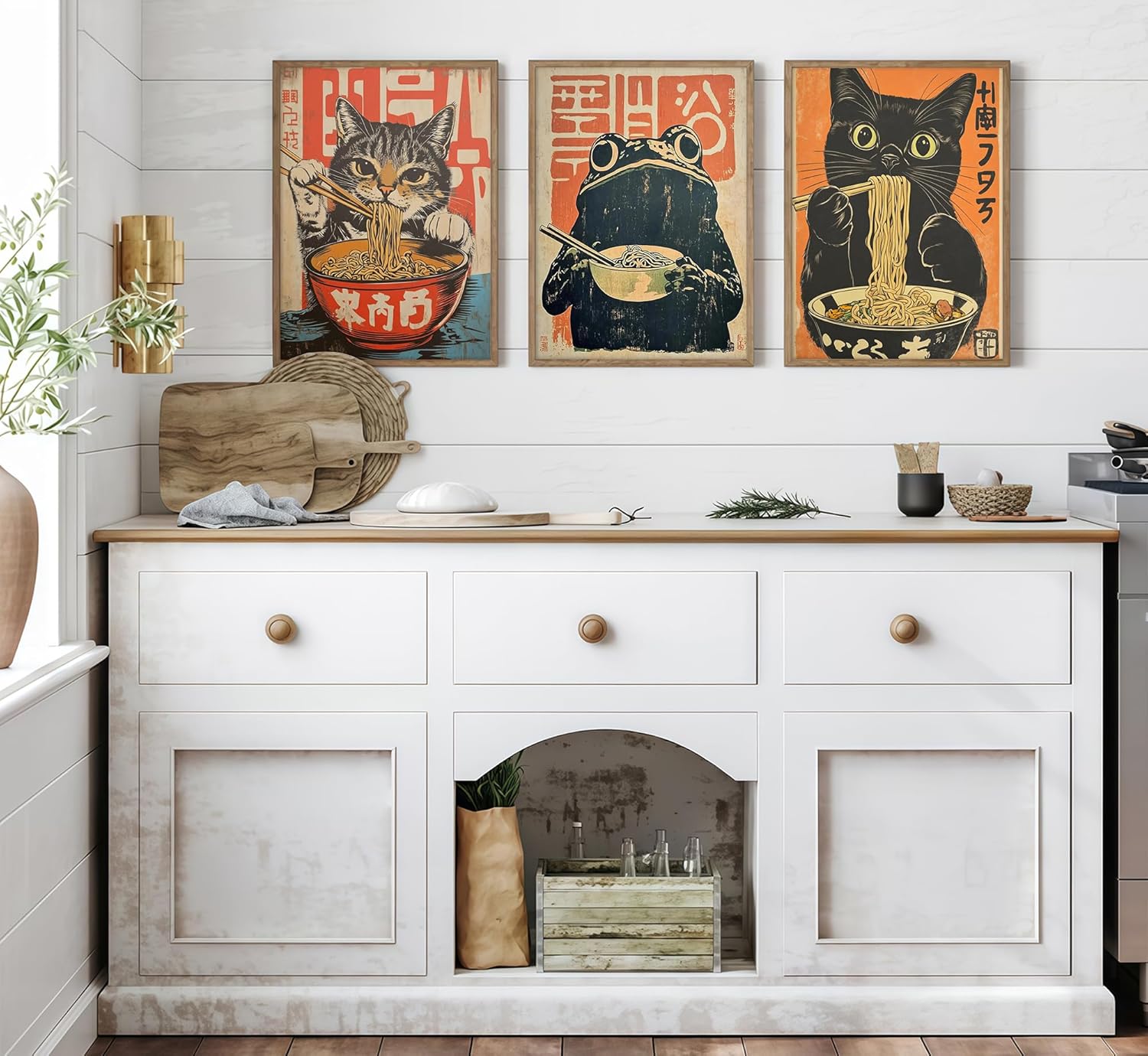 3Pcs Japanese Black Cat Eating Ramen Canvas Wall Art Funny Cats and Frog Painting Picture Wall Decor Vintage Cute Tokyo Kitchen Poster Print Artwork for Living Room Kitchen Dining Room Home Decoration