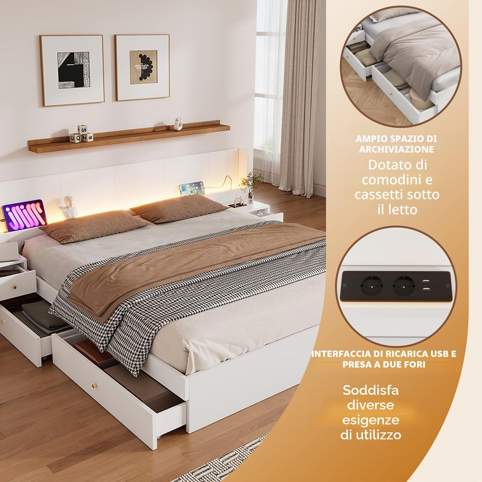 Letto 180x200 con contenitore, letto in legno con contenitore con 2 cassetti, testiera con comodino, LE/D e US/B, letto matrimoniale moderno con rete a doghe, bianco