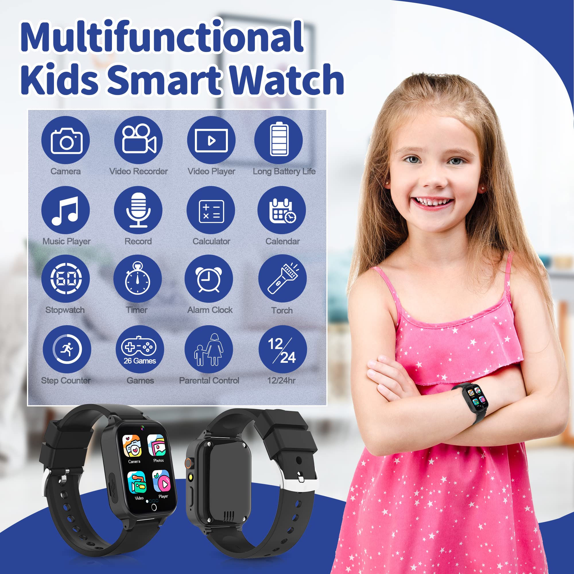 Smartwatch per Bambini - 26 Giochi,Contapassi Calorico,Orologio Smartwatch Bambini con Fotocamere,Musicale,Torcia,Sveglia,Giocattoli educativi,Regalo di Compleanno per Bambini[Scheda SD integrata]