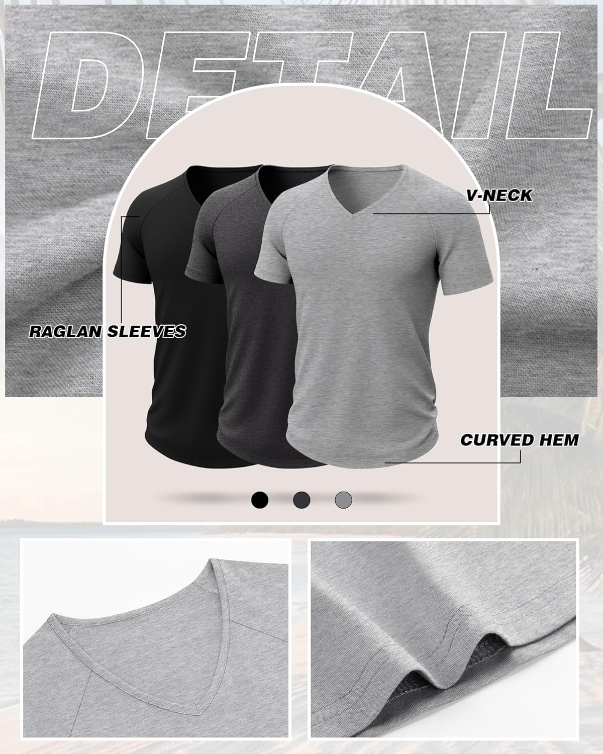 Riyiper 3 Pack Men's Short Sleeve V Neck T-Shirts Raglan Curved Hem Shirts Casual Basic Tops Soft Summer Stretchy Tees - Image 6