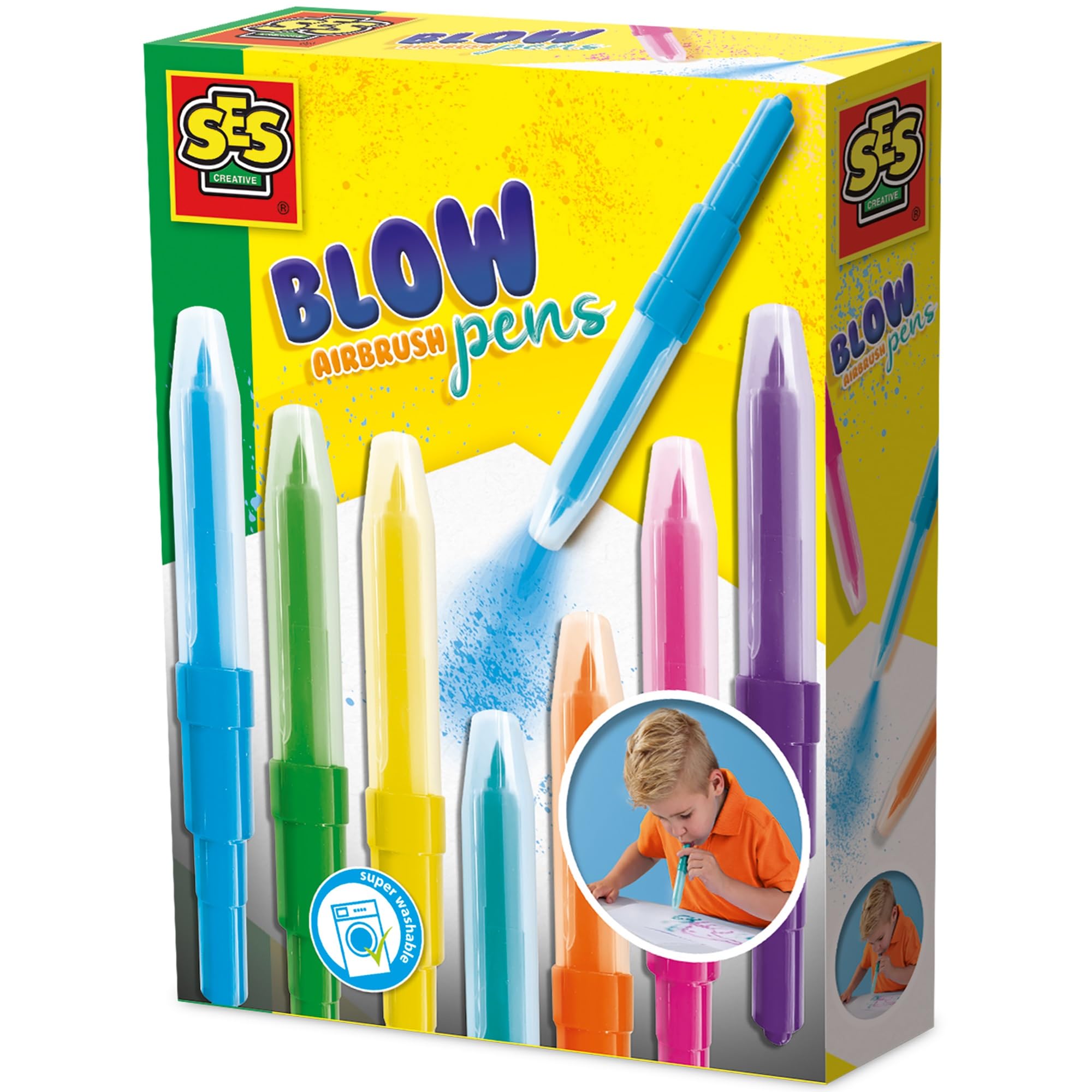 SES Creative 00275 - Blow Airbrush Pens, Set of 7 Color Transition Markers for Kids Creative Drawing, several