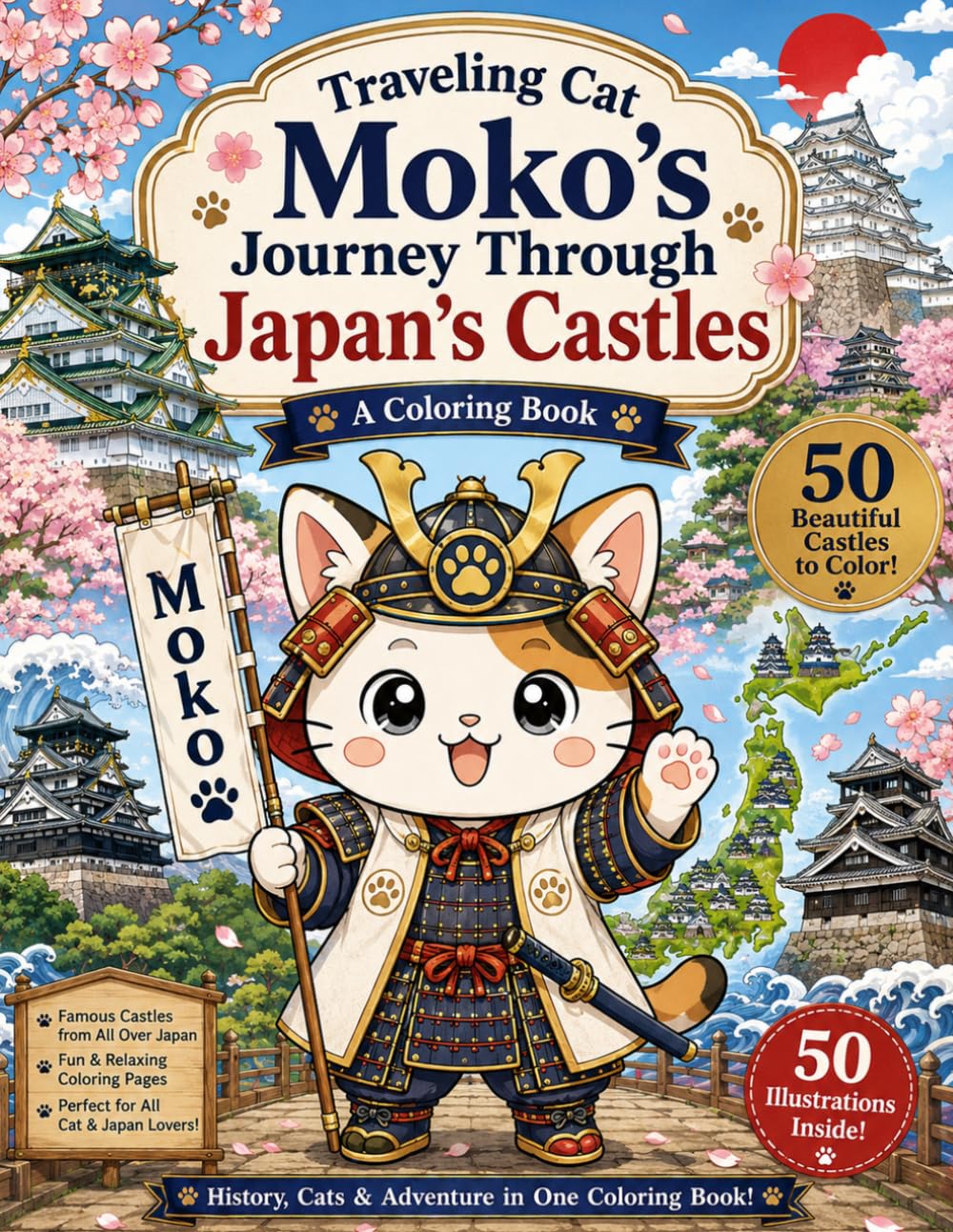 Traveling Cat Moko's Journey Through Japan's Castles: A Relaxing Coloring Adventure Through Japan's Famous Castles