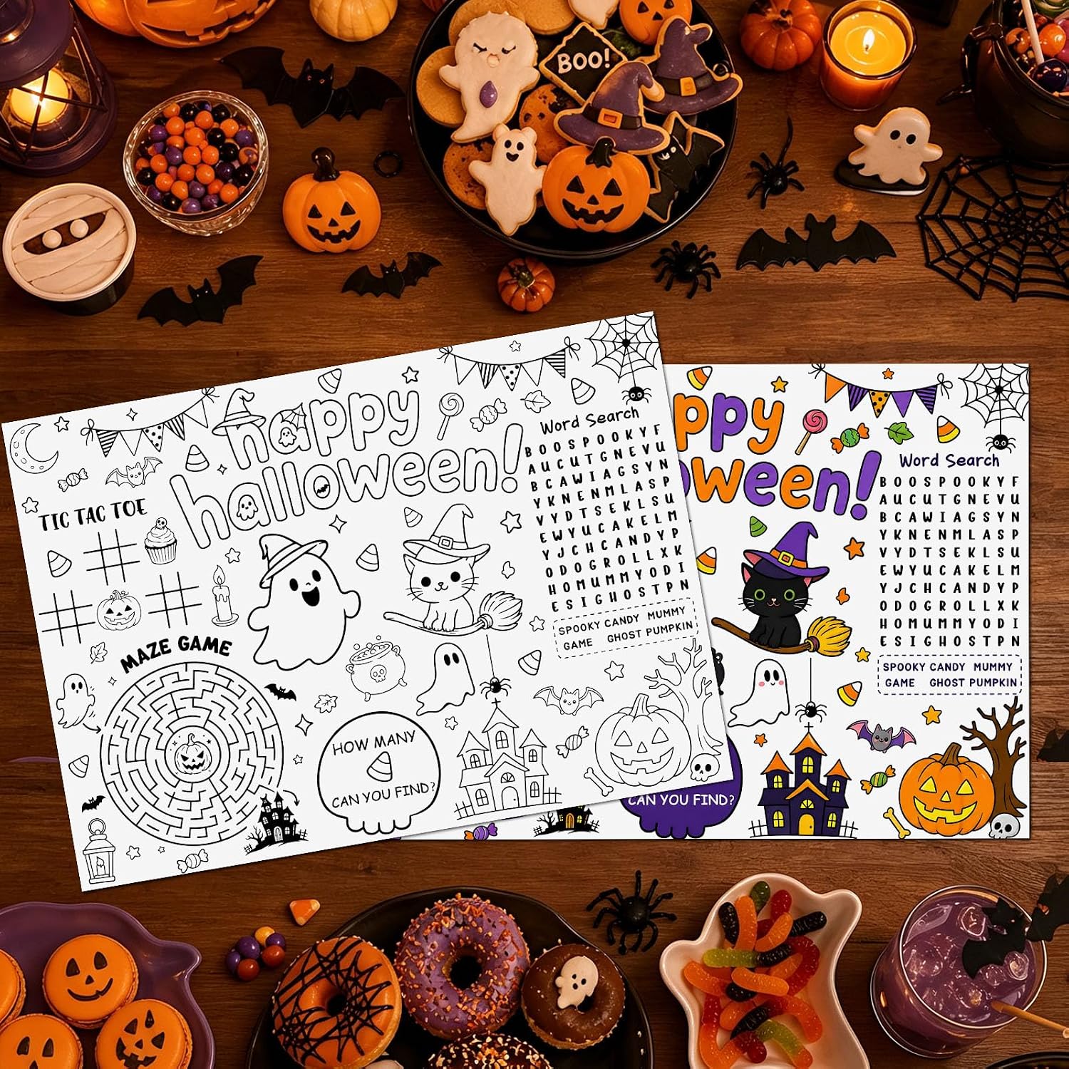12PCS Halloween Coloring Placemats Ghost Witch Pumpkin Coloring Sheet Table Mats for Kids Halloween Party Favors Supplies Home School Classroom Party Activities Games image 3