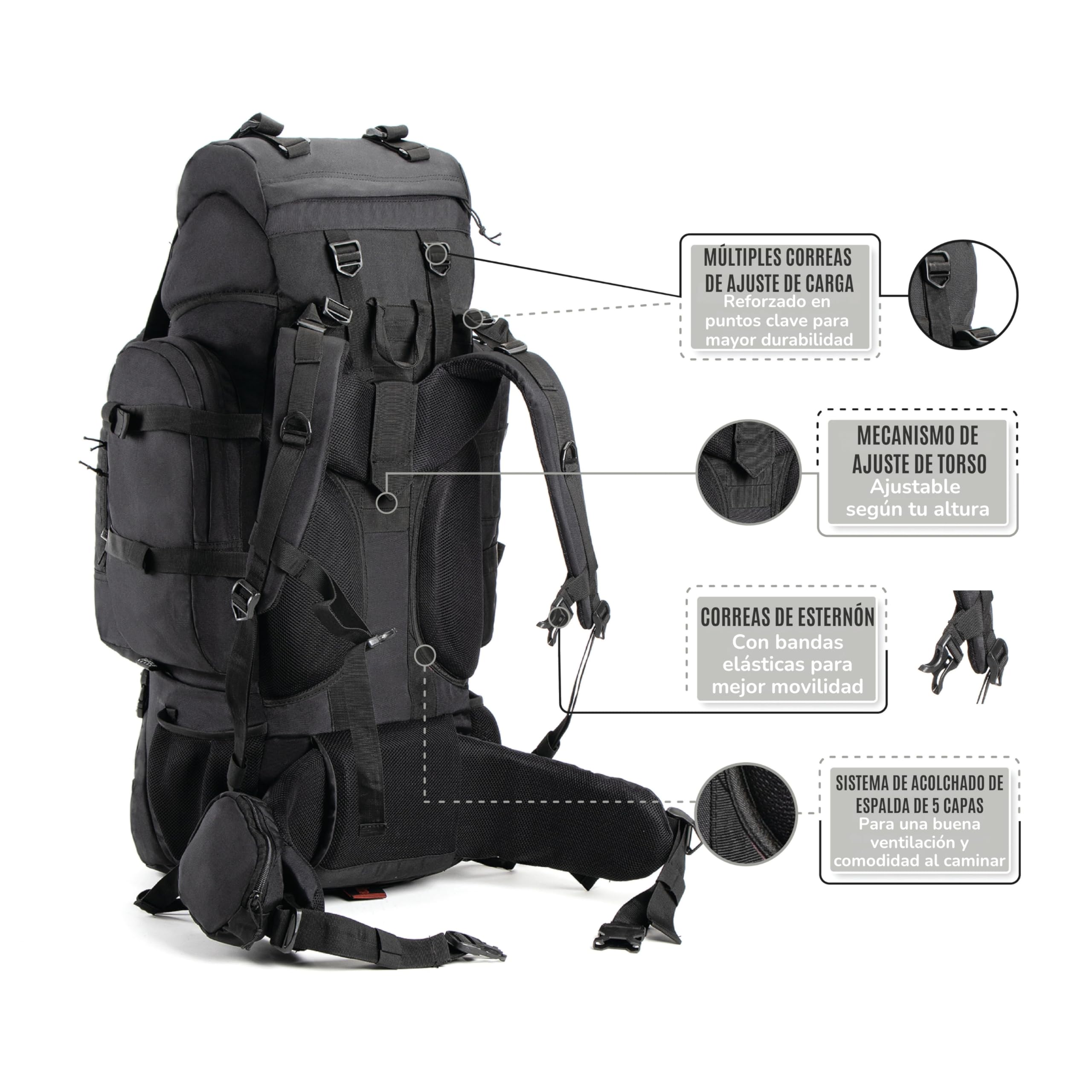Tripole Mochila Colonel de 95 Litros con Mochila Desmontable - Senderismo, Trekking, Viajes, Camping, Resistente al Agua, con Espalda Transpirable, Negro