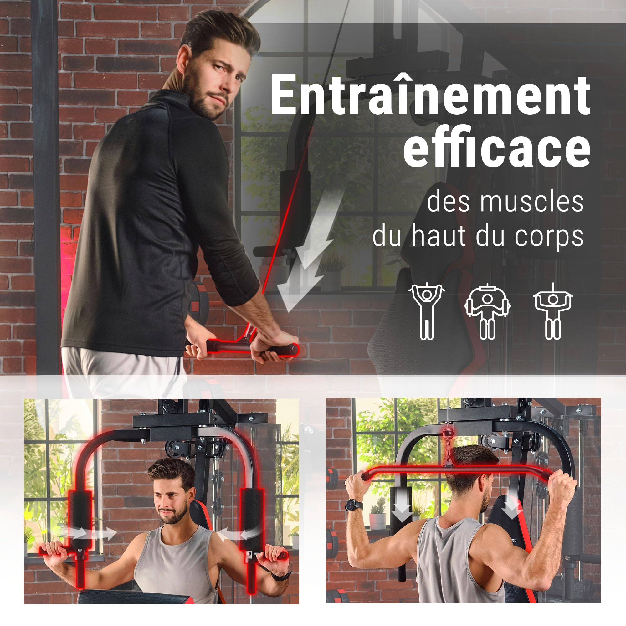Hop-Sport Station de Musculation Multifonction Complet HS-1044K, Multigym avec 1 Station + 66 kg, Fitness Musculation Appareil avec poulie Haute, Papillon et tirage latéral