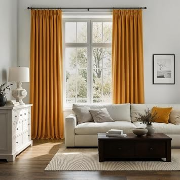 Mustard Yellow Velvet Pleated Curtains 84 Inches Long for Living Room Modern Elegant Super Soft Velvet Drapes With Hooks for Dining Room Darkening Privacy Window Treatments Farmhouse Curtains 2 Panels