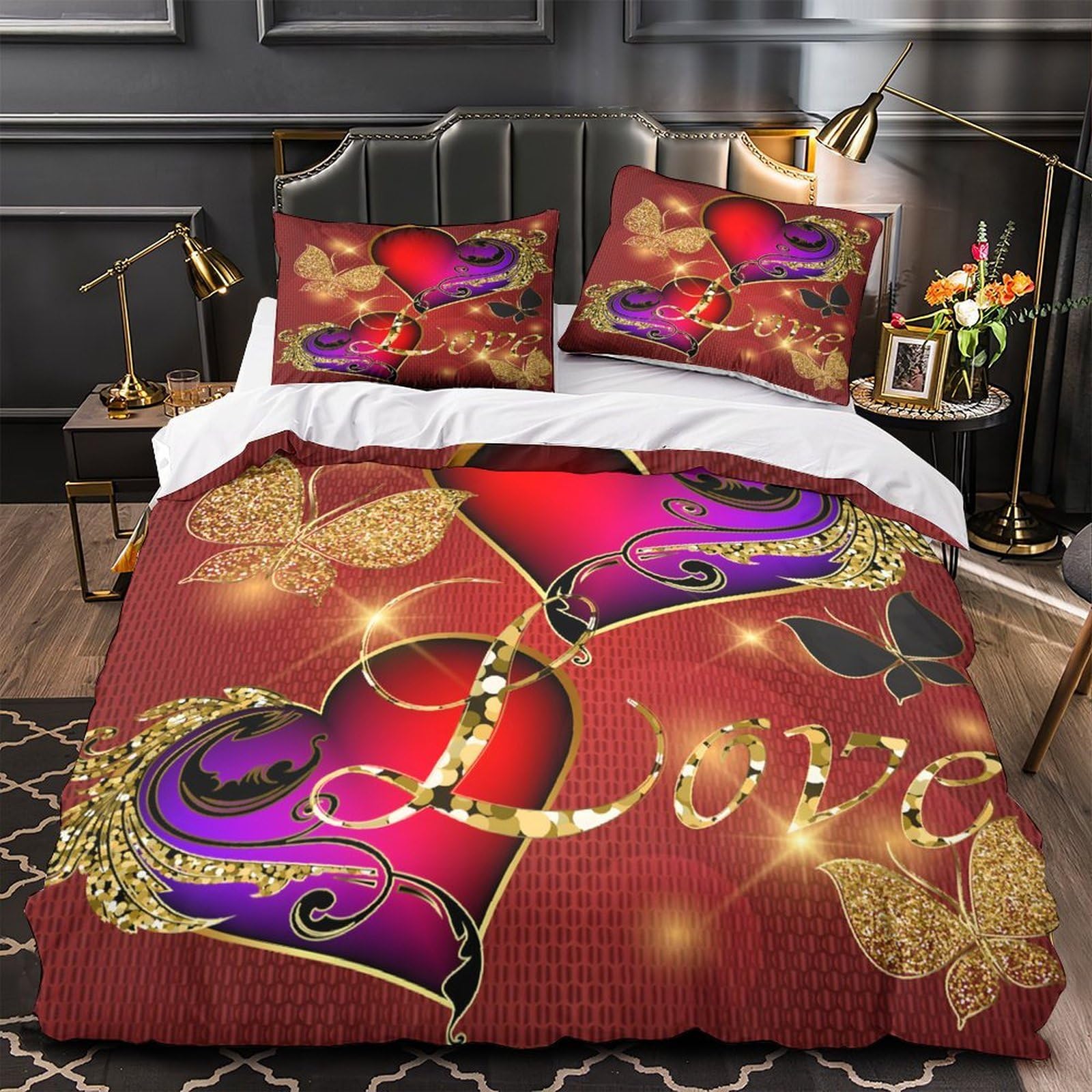 Housse de couette 220x240cm à motifs cœurs pour chambre parentale