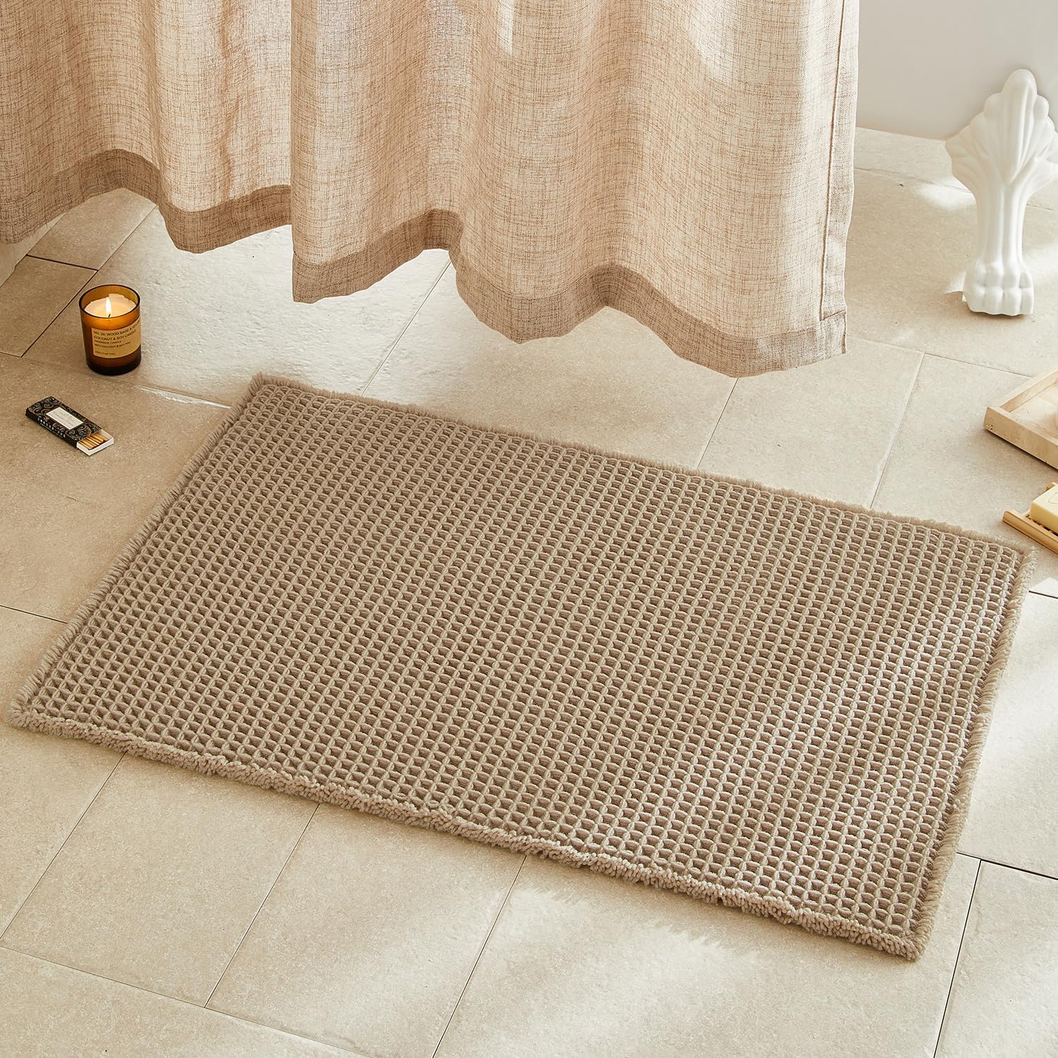 Waffle Bath Mat, Boho Bathroom Rugs Non Slip Washable Super Absorbent Quick Dry Farmhouse Bathroom Decor, 36"x24" / 3' x 2' Khaki Khaki 2' x 3' (Rectangular)