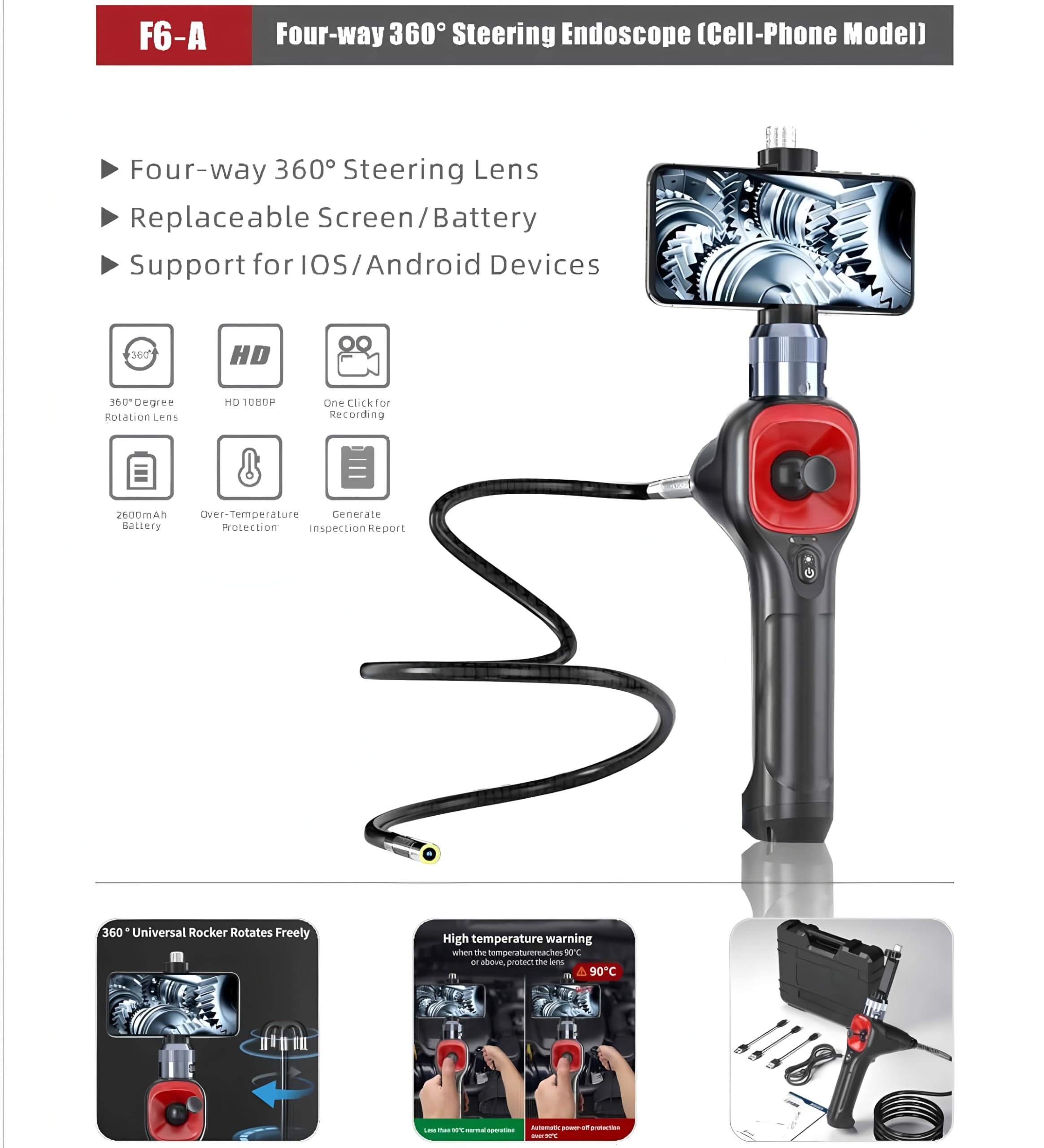 Endoscope Borescope F6-A Inspect camera Four-way 360° Steering Endoscope (IOS/Androi Smarthphone Endoscope) HD 1080P over-Temperature Protection IP67 8 Languages 5200mAh(F606A-Φ6.2-1M)