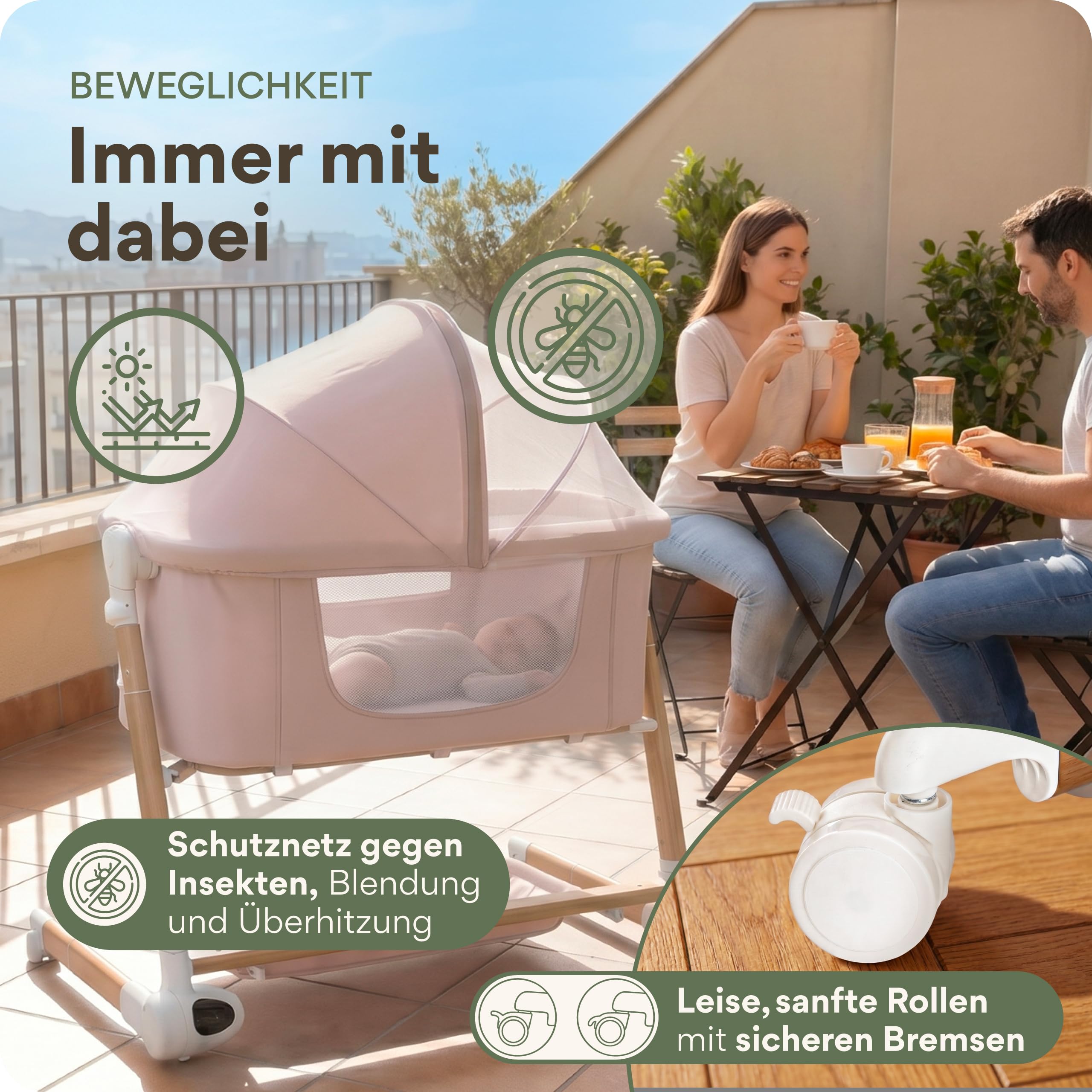 MaliDa Babybett mit Rollen | Beistellbett Baby Boxspringbett | Stubenwagen Höhenverstellbar mit Wiegefunktion | Reisebett Baby mit Matratze | Bett, Babywiege, Crib, Bassinet, Bed | Hell