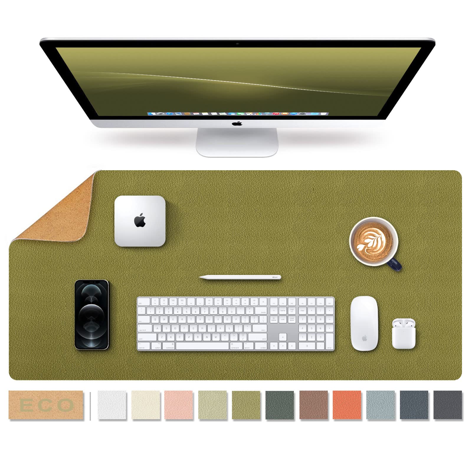 Large Natural Cork & Leather Desk Pad,eco Desk mat,Double-Sided Desk Protector ,Waterproof Keyboard pad ,Desk Mouse Pad for Office/Home/Gaming/Decor(Olive Green,36"x 17" )