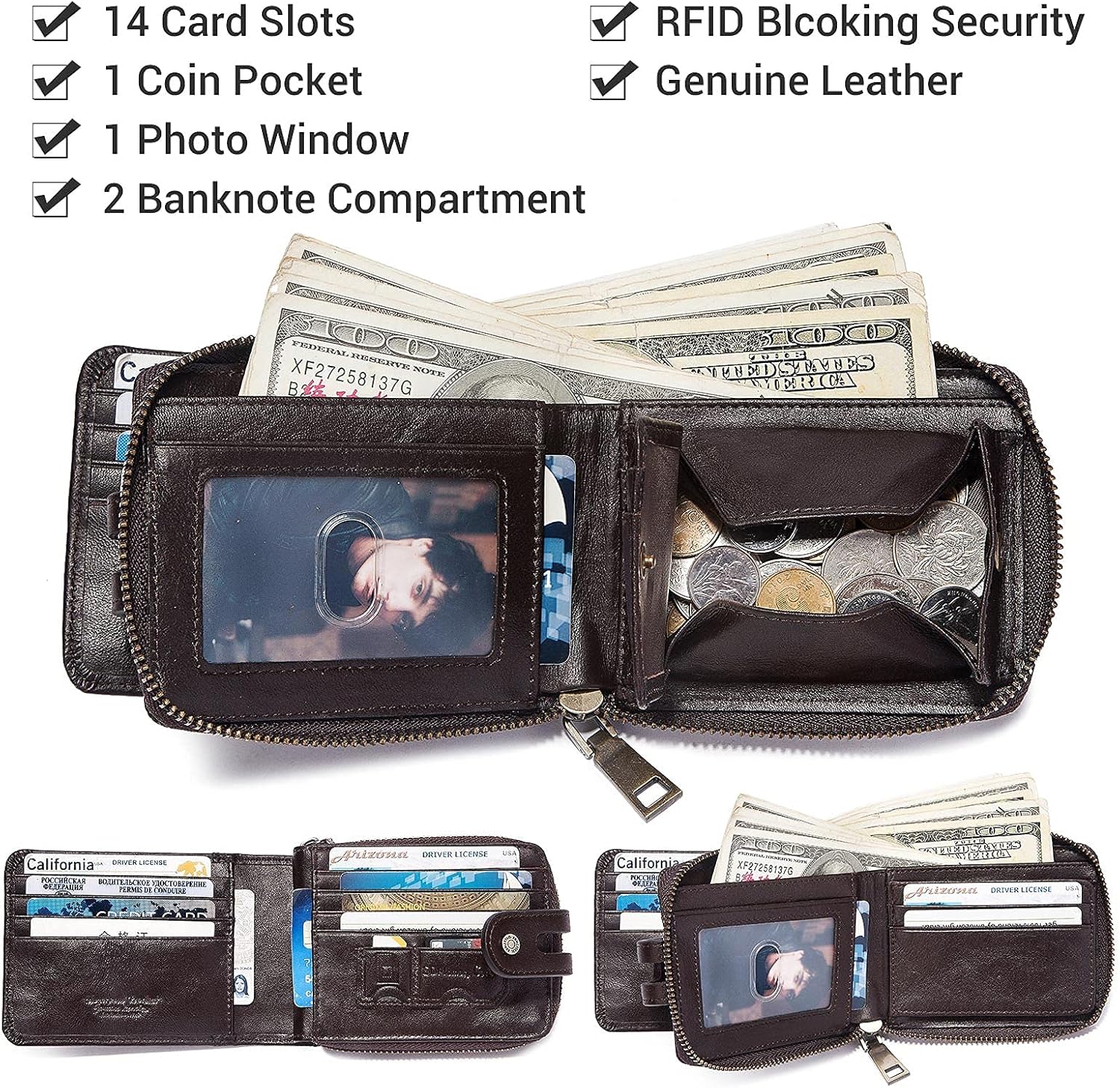 gzcz Zipper Wallet For Men Genuine Leather RFID Blocking Bifold Wallet for ID Window, Zip Coin Pocket and Credit Card Holders Large Capacity (Coffee) - Image 3