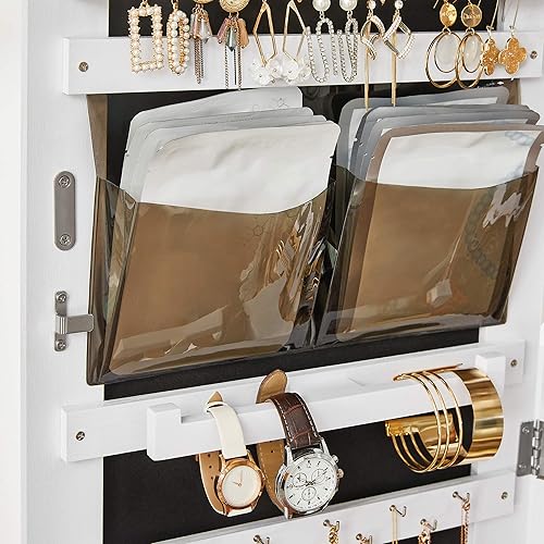 Miniatura 9 de SONGMICS UJJC004W01 - Organizador de joyas con cerradura con espejo de longitud completa cajón inferior estante ruedas armario de joyería idea de