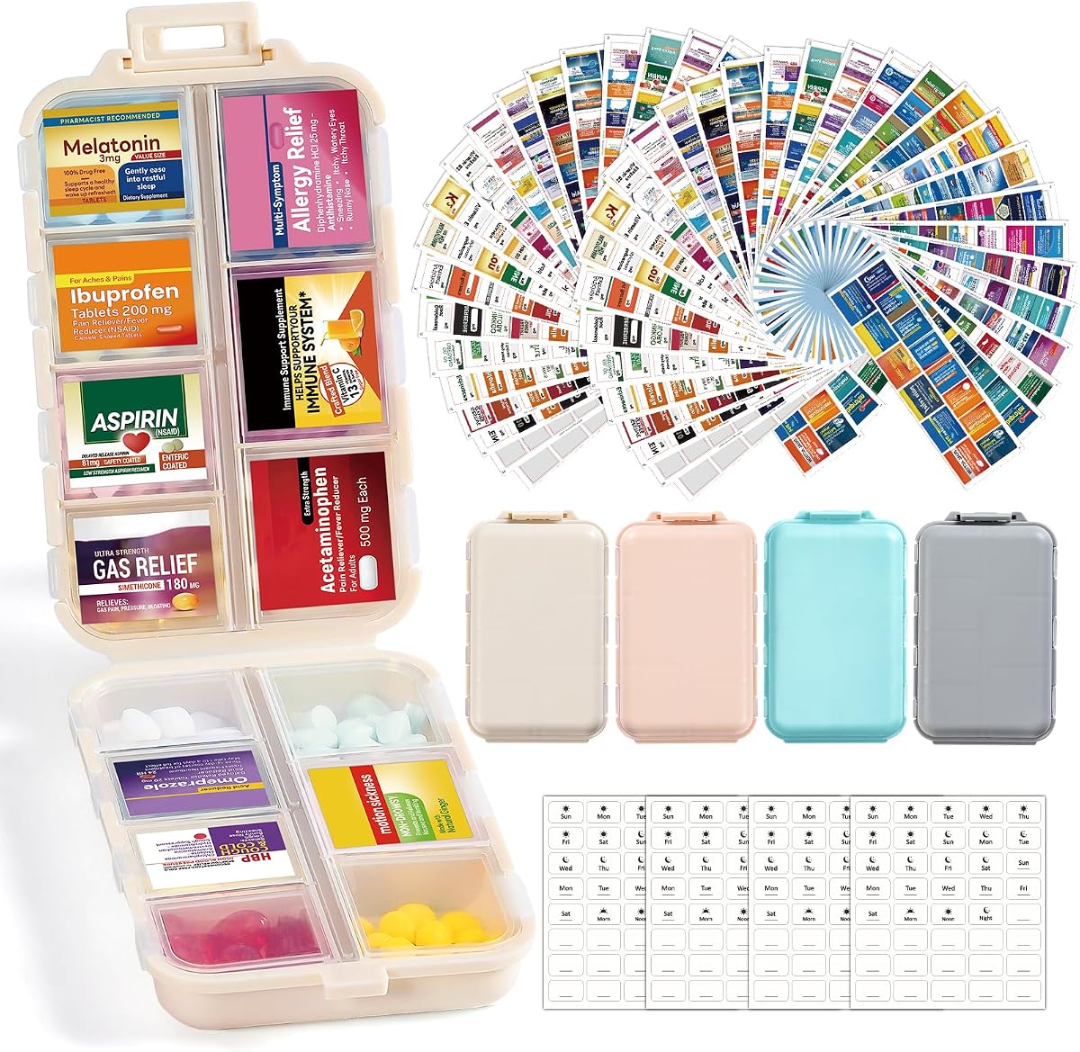 Paquete de 4 cajas organizadoras de pastillas de viaje de 14 rejillas con 830 piezas (2 juegos) de etiquetas para nombres de medicamentos - Kit de contenedor de caja de farmacia diaria de bolsillo - Dispensador de soporte de medicamentos de viaje para suplemento vitamínico de aceite de pescado