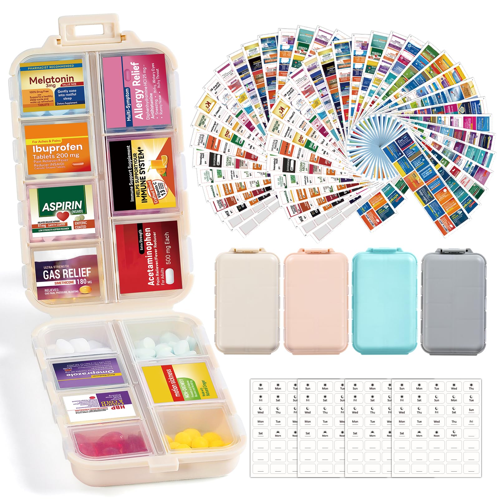 4 Pack 14 Grids Travel Pill Organizer Box with 830-Pcs(2 Set) Medicine Name Labels - Pocket Daily Pharmacy Case Container Kit - Travel Medication