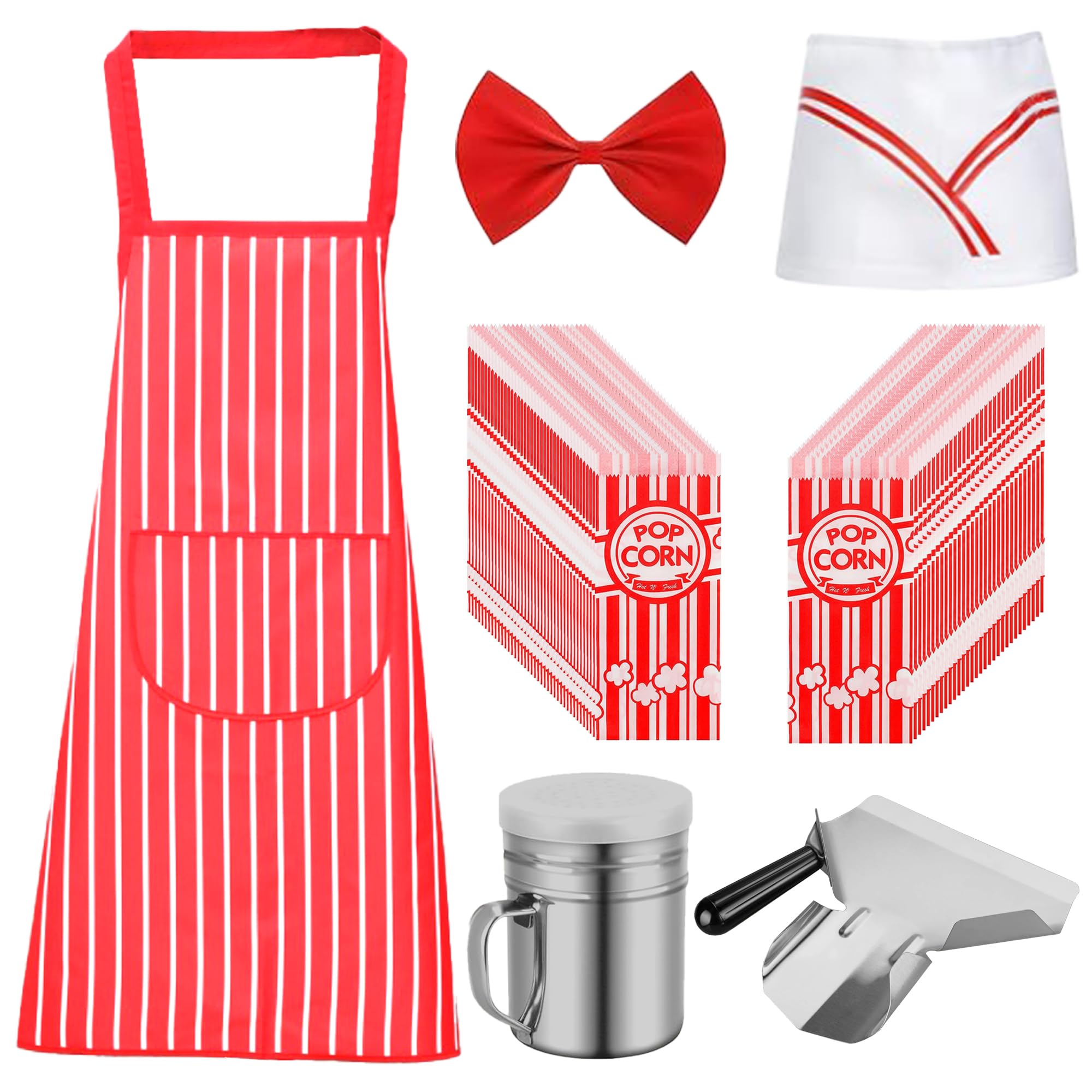200 Pcs Popcorn Bags with Popcorn Scoop & Salt Shaker, Red White Striped Apron with Chef Hat and Bow Tie