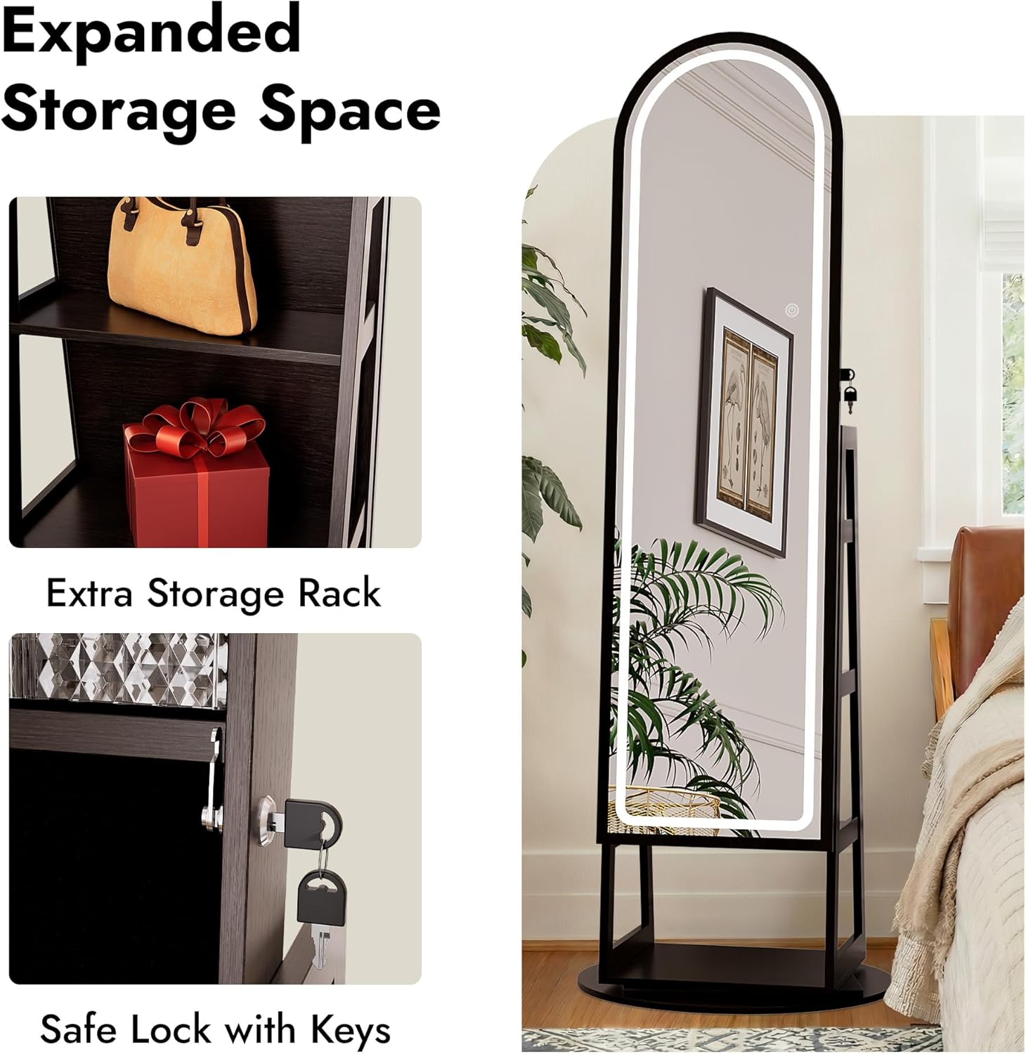 Zamildon's LED Mirror Jewelry Cabinet Standing, 360° Swivel Arched Full Length Mirror Jewelry Armoire with Adjustable LED Lights, Large Lockable Jewelry Organizer with Storage Shelves (Black)