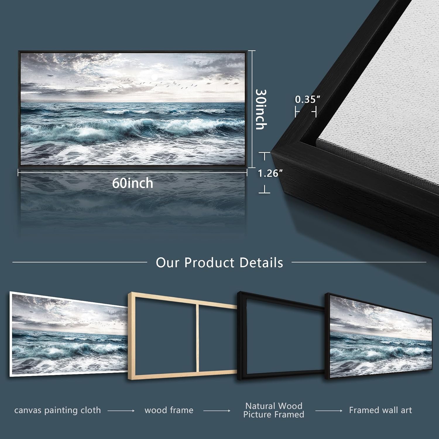 QIYILEXWART Black Framed Canvas Wall Art For Living Room Large Wall Decor For Office Bedroom Decoration Modern Watercolour Picture Ocean Waves Painting Artwork Room Ready To Hang