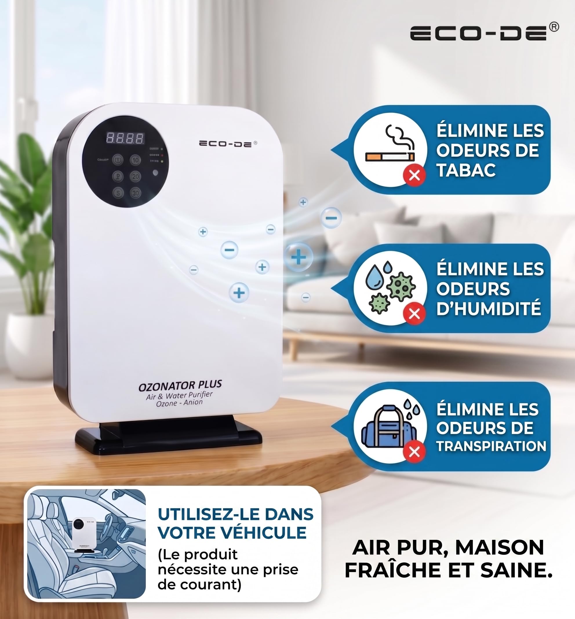 ECODE® Générateur d'ozone Purificateur d'air et d' Eau,Ozonator Plus, Machine à Ozone pour Purification et Élimination des Odeurs, Télécomande, Enlève les Pesticides sur Légumes, Fruits Ozone 500mg/h