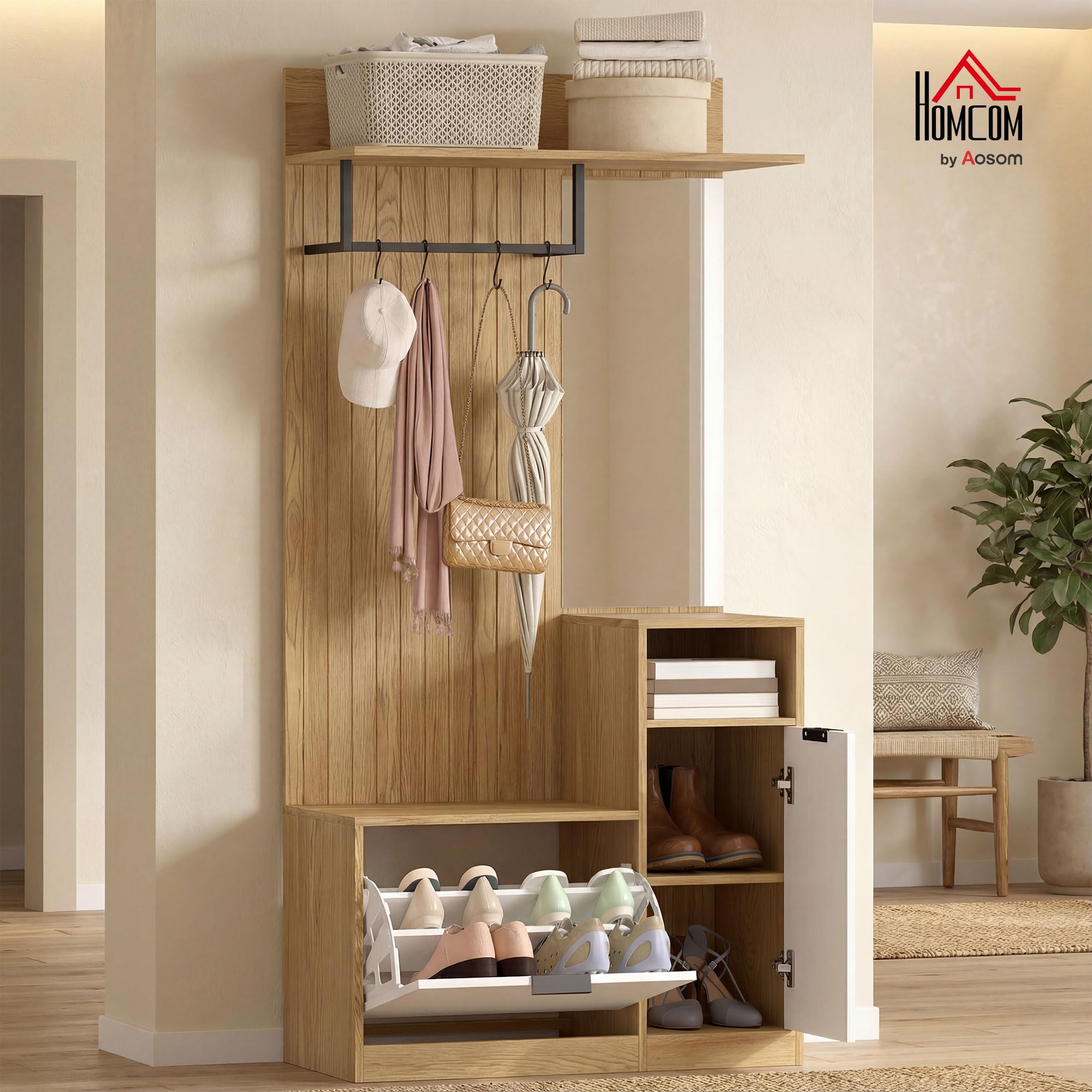 HOMCOM Appendiabiti da Ingresso con Specchio, 4 Ganci, Panca e Scarpiera, Mobile Appendiabiti con Armadietto e Ripiano Aperto, Gambe in Legno, per Ingresso Corridoio, Rovere e Bianco