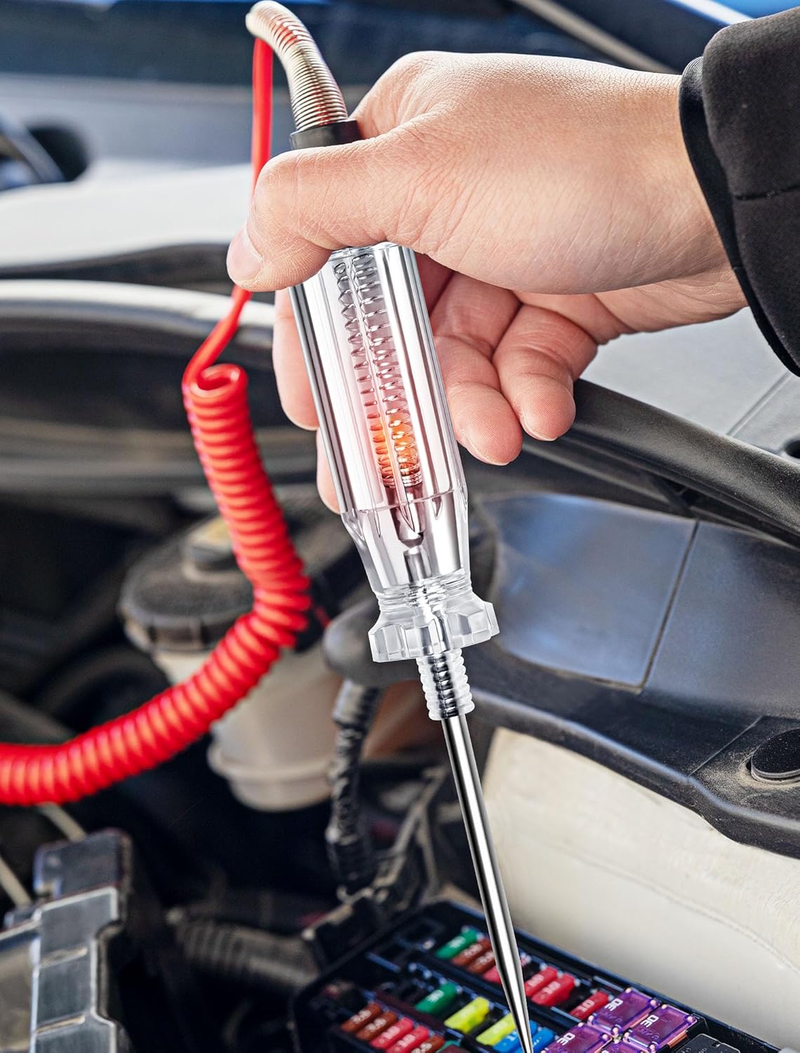 Heavy Duty Automotive Circuit Tester, Premium 6-24V Test Light with Extended Spring Test Leads & Sharp Piercing Probe, Circuit Voltage Tester with Replacement Indicator Light for Car/Vehicles