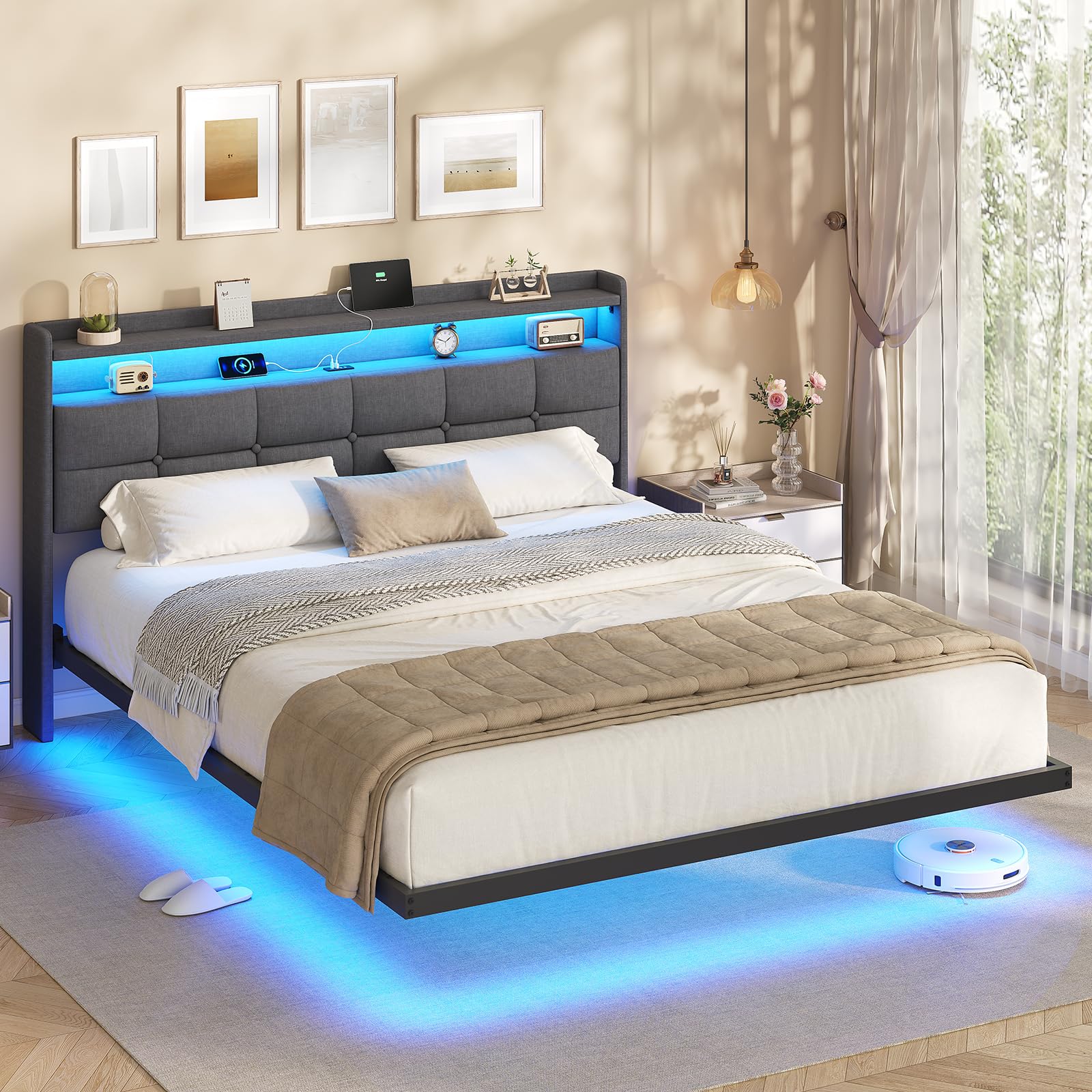AOGLLATI 5ft Floating King Bed Frame 150×200CM with LED Lights & Charging Station, Metal Platform Bed frame with Upholstered Headboard, Easy Assembly, Noise Free, No Box Spring Needed, Dark Gray Linen — image 1